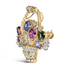 18K Yellow Gold Diamond and Mixed Gemstone Floral Bouquet Pendant and Brooch Pin