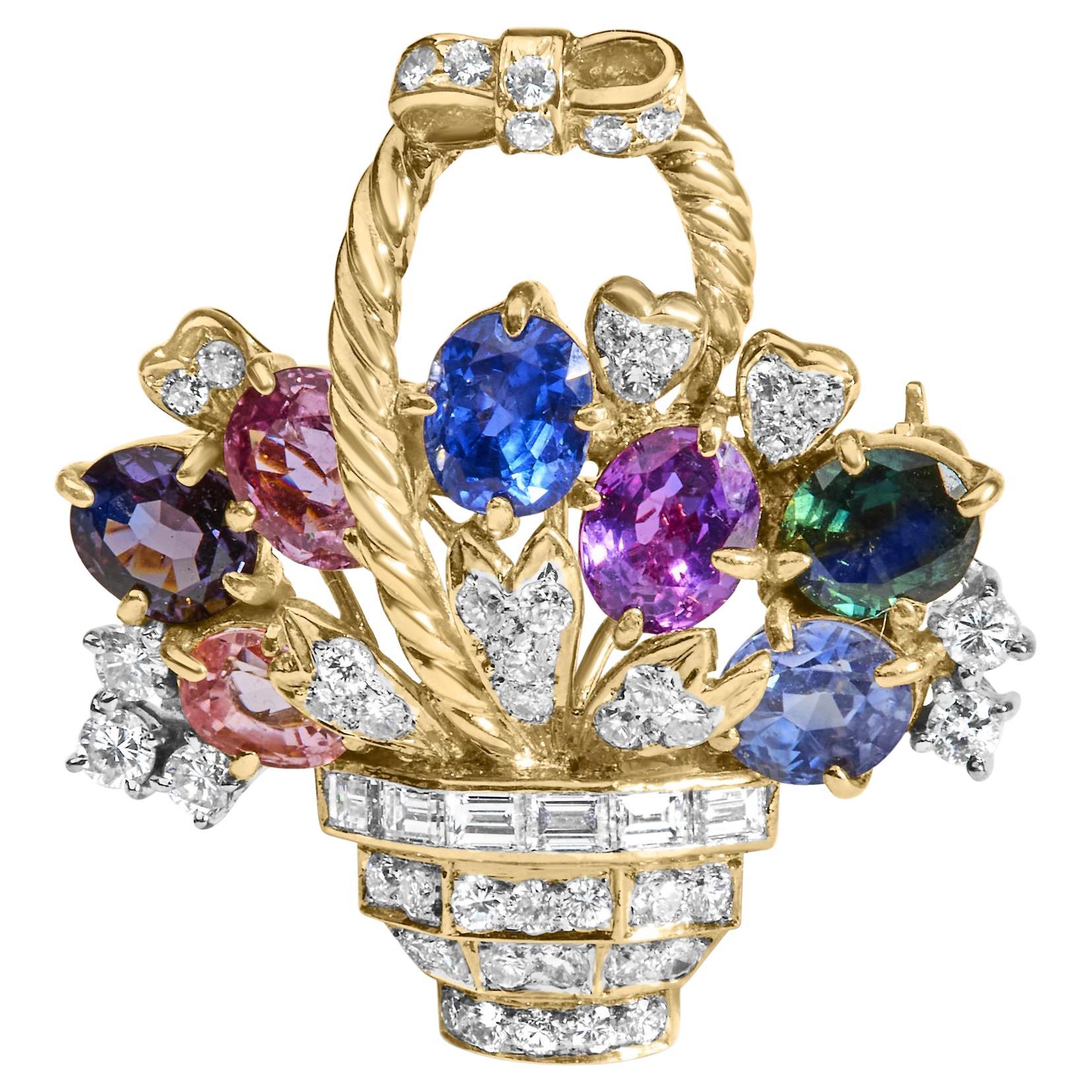 Broche y colgante Bouquet Floral de Diamantes y Piedras Preciosas Mixtas de Oro Amarillo de 18 K