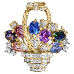 Ciondolo e spilla a forma di bouquet floreale in oro giallo 18 carati con diamanti e pietre miste