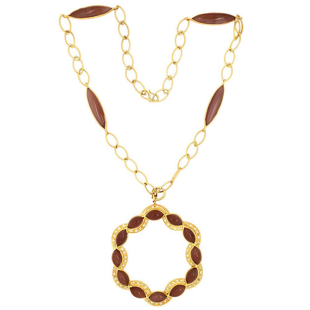 18K Yellow Gold Diamond and Moonstone Designer Necklace