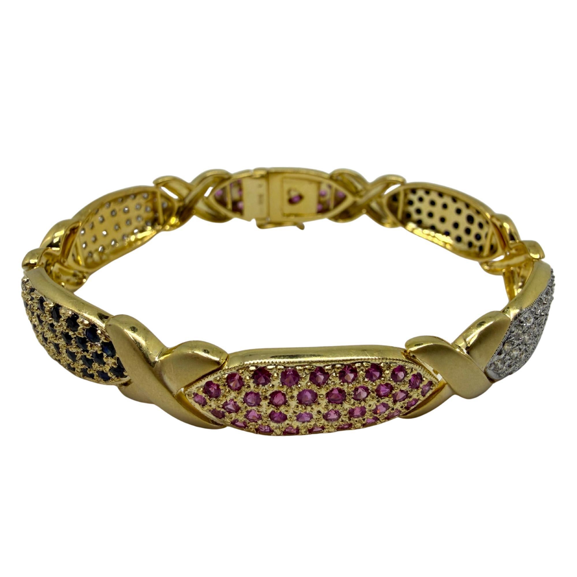 Taille ronde Bracelet en or jaune 18K avec diamants et saphirs multicolores en vente