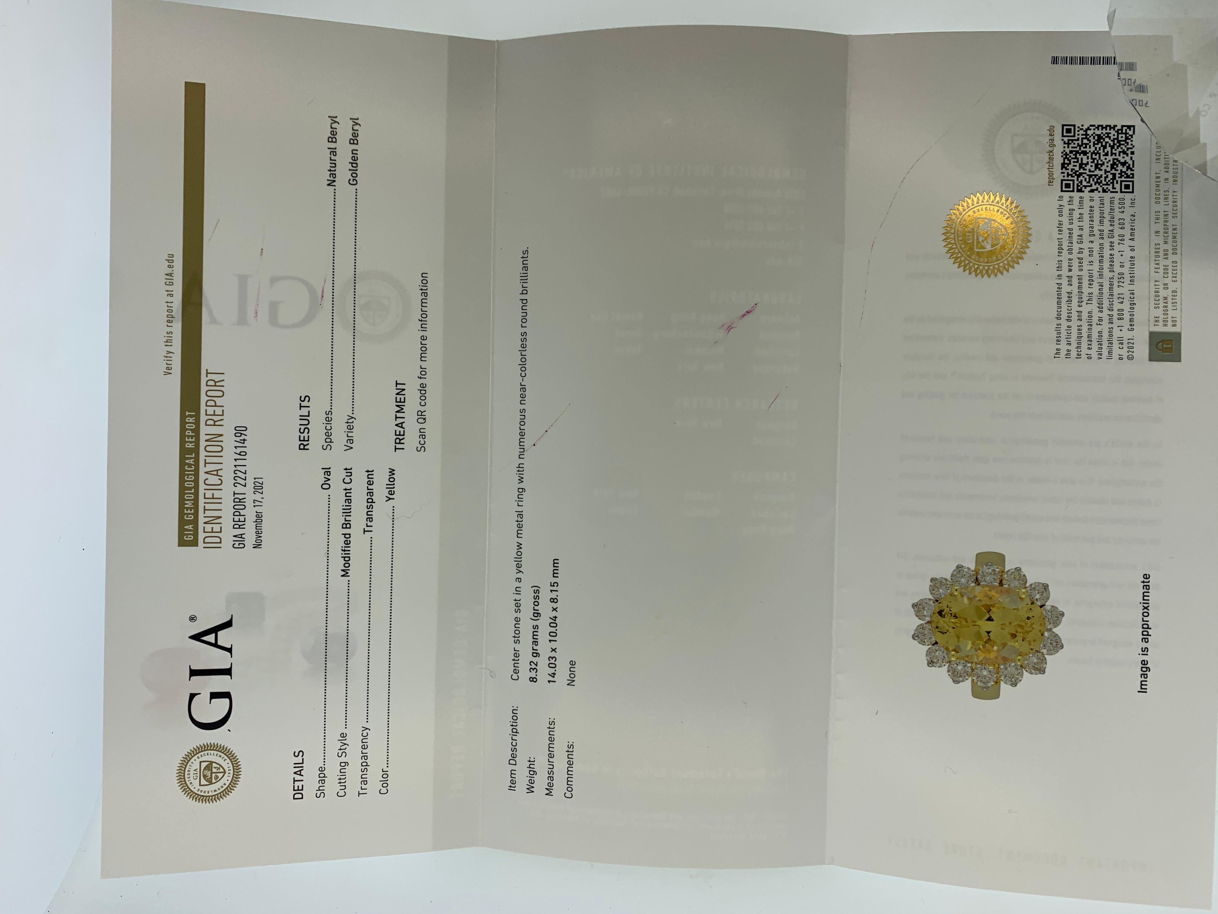 18K yellow gold, Diamond and  natural GIA Certified Golden Yellow Beryl Ring 5