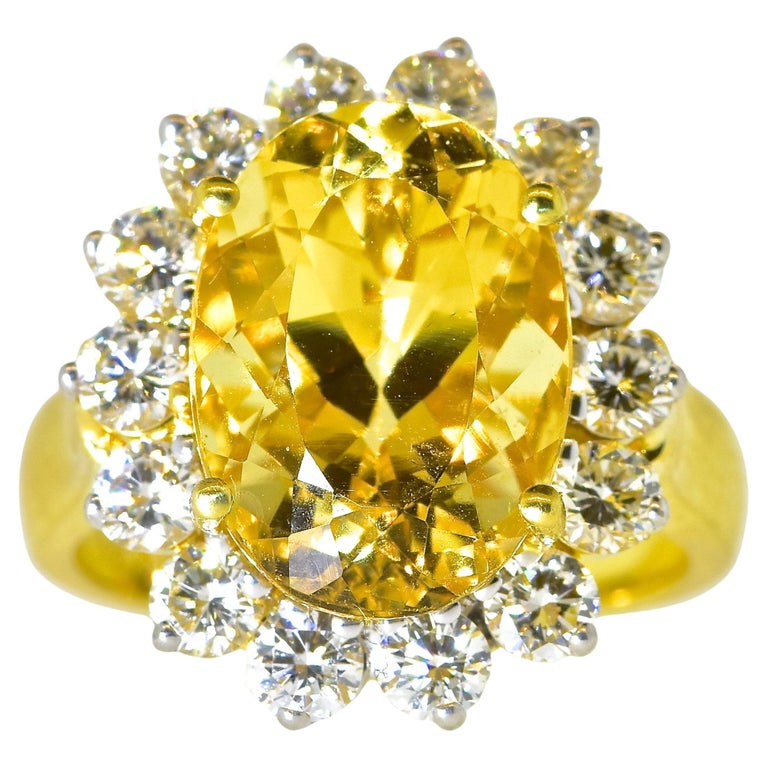 18K yellow gold, Diamond and  natural GIA Certified Golden Yellow Beryl Ring For Sale