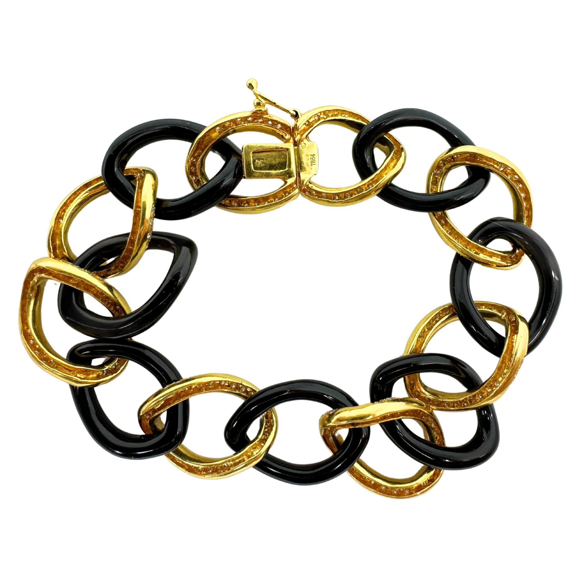 18K Gelbgold Diamant und Onyx Gliederarmband (Rundschliff) im Angebot