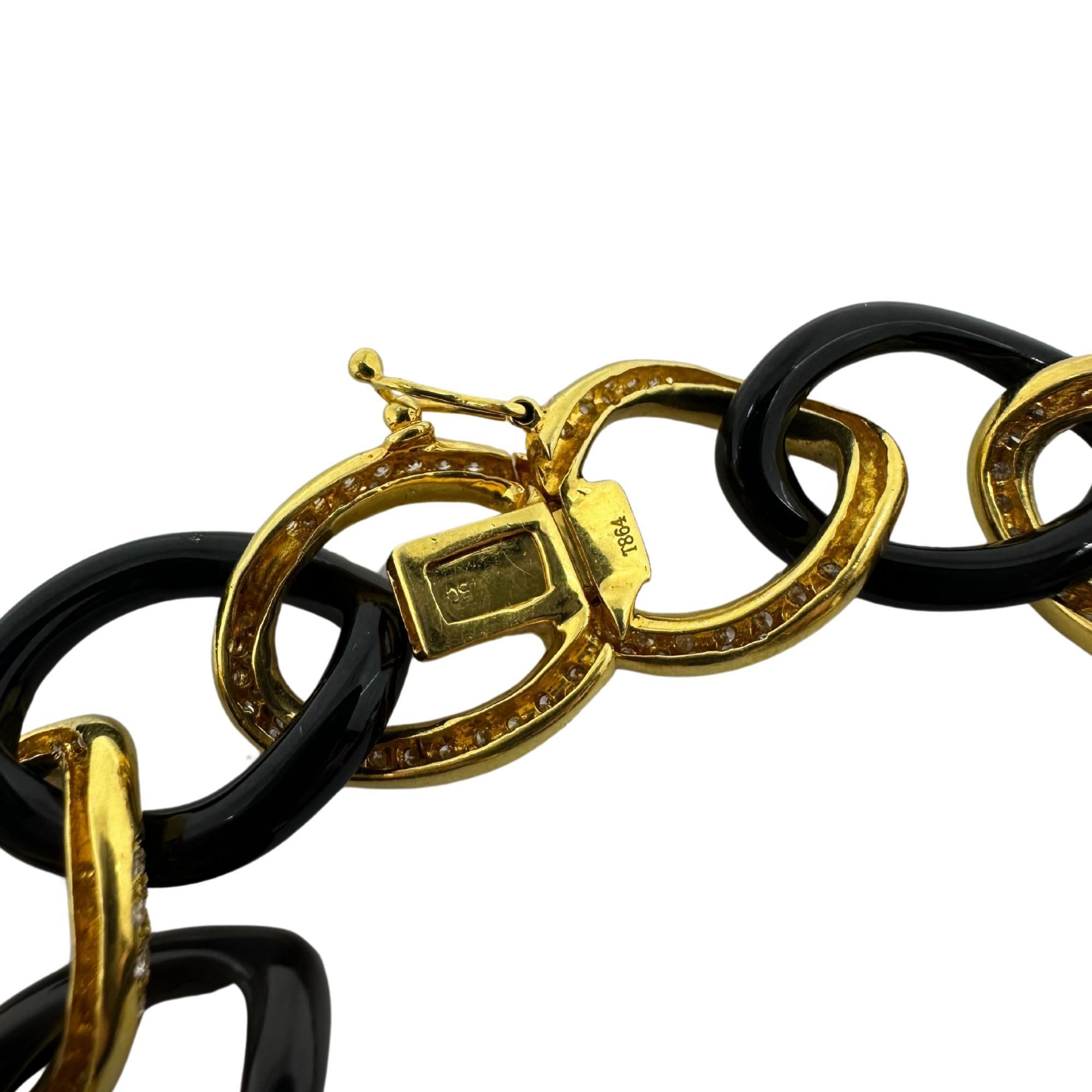 18K Gelbgold Diamant und Onyx Gliederarmband Damen im Angebot