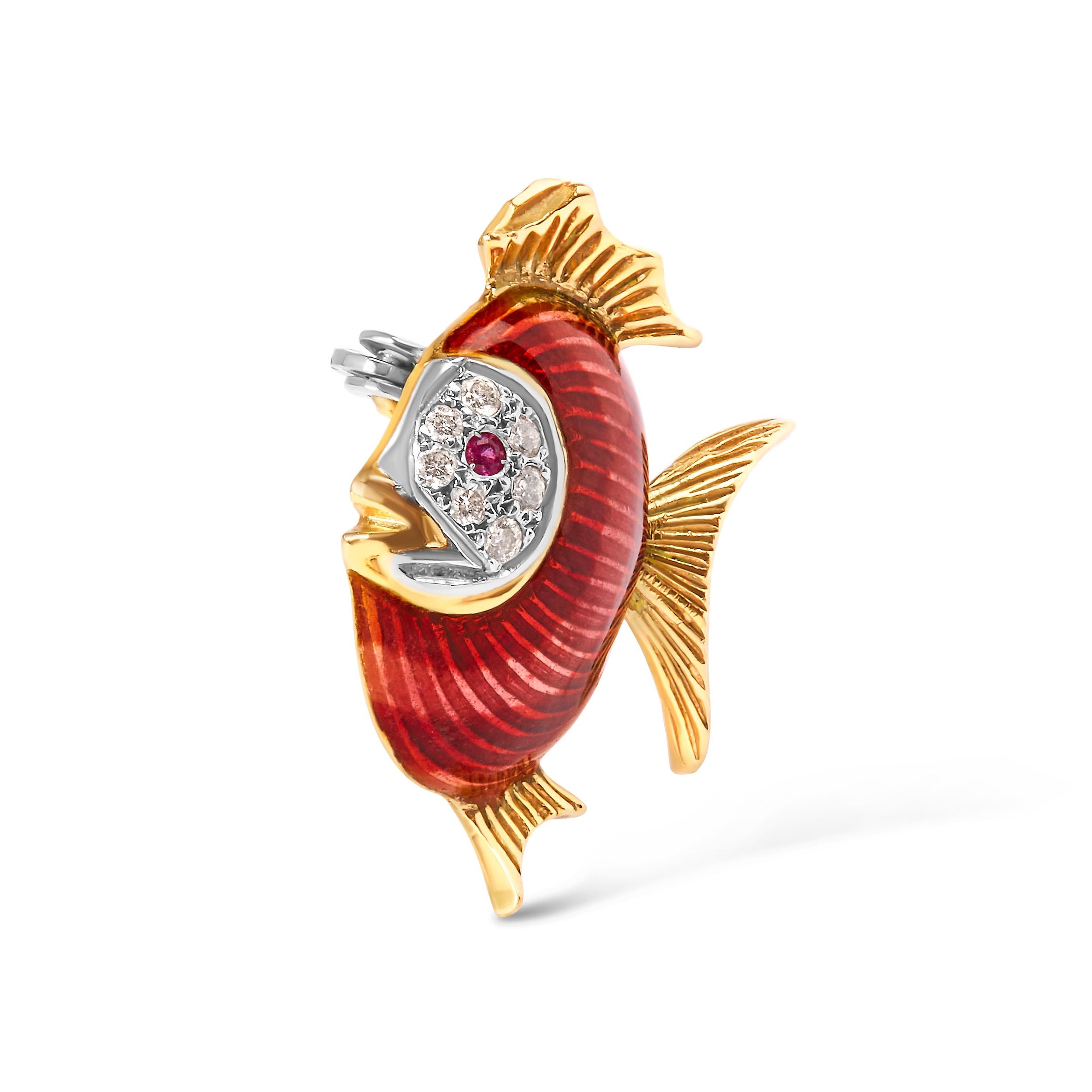 Introducing an exquisite masterpiece of nature's beauty, this 18K Yellow Gold Diamond and Pink Sapphire Parrot Fish Red Enamel Brooch Pin is a true reflection of elegance. With its vibrant red enamel and captivating parrot fish design, it