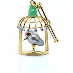 18k Yellow Gold Diamond and Ruby Bird Cage Pin