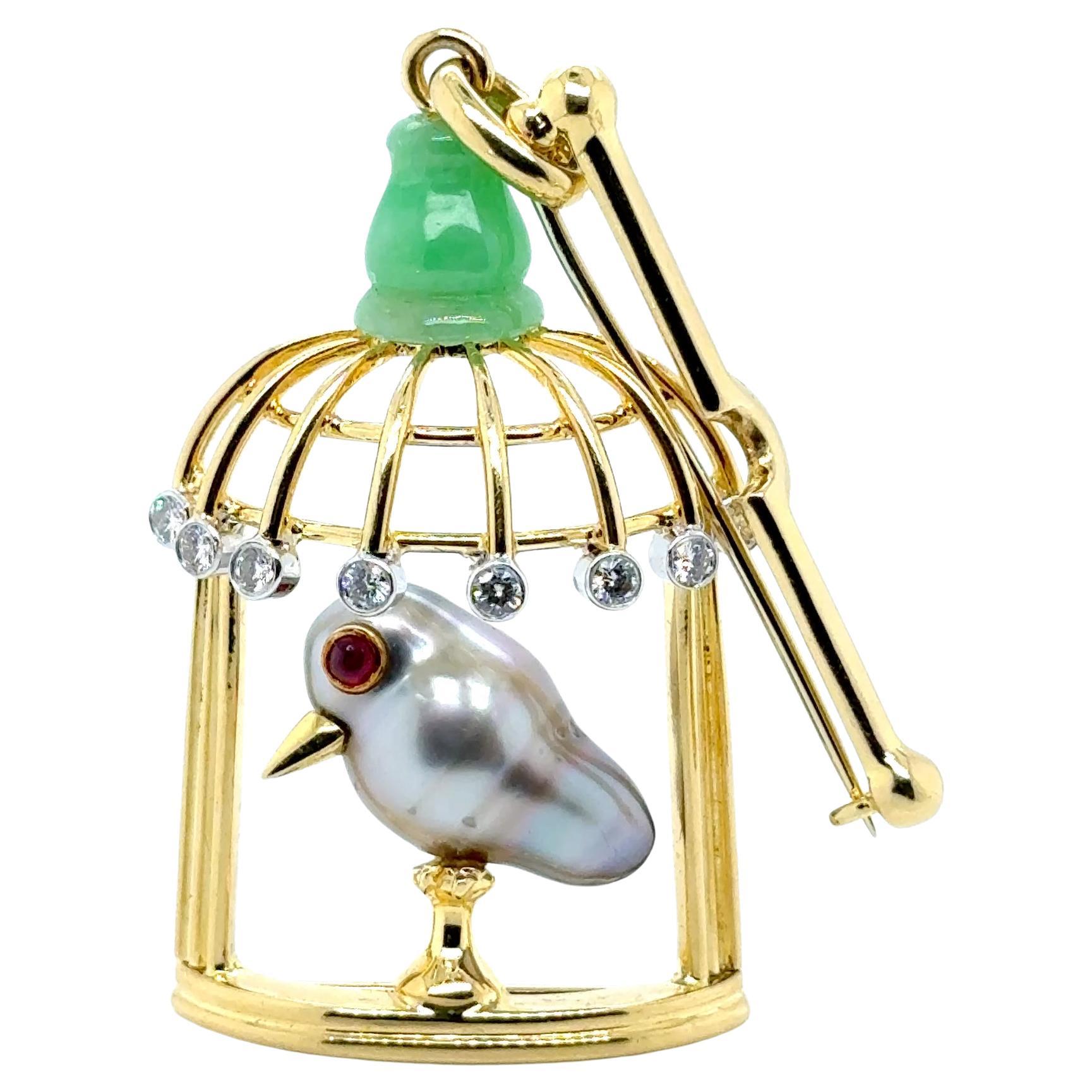 Épingle en or jaune 18 carats diamants et rubis en forme de cage d
oiseau en vente