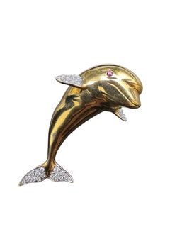 18K Yellow Gold Diamond and Ruby Dolphin Pin
