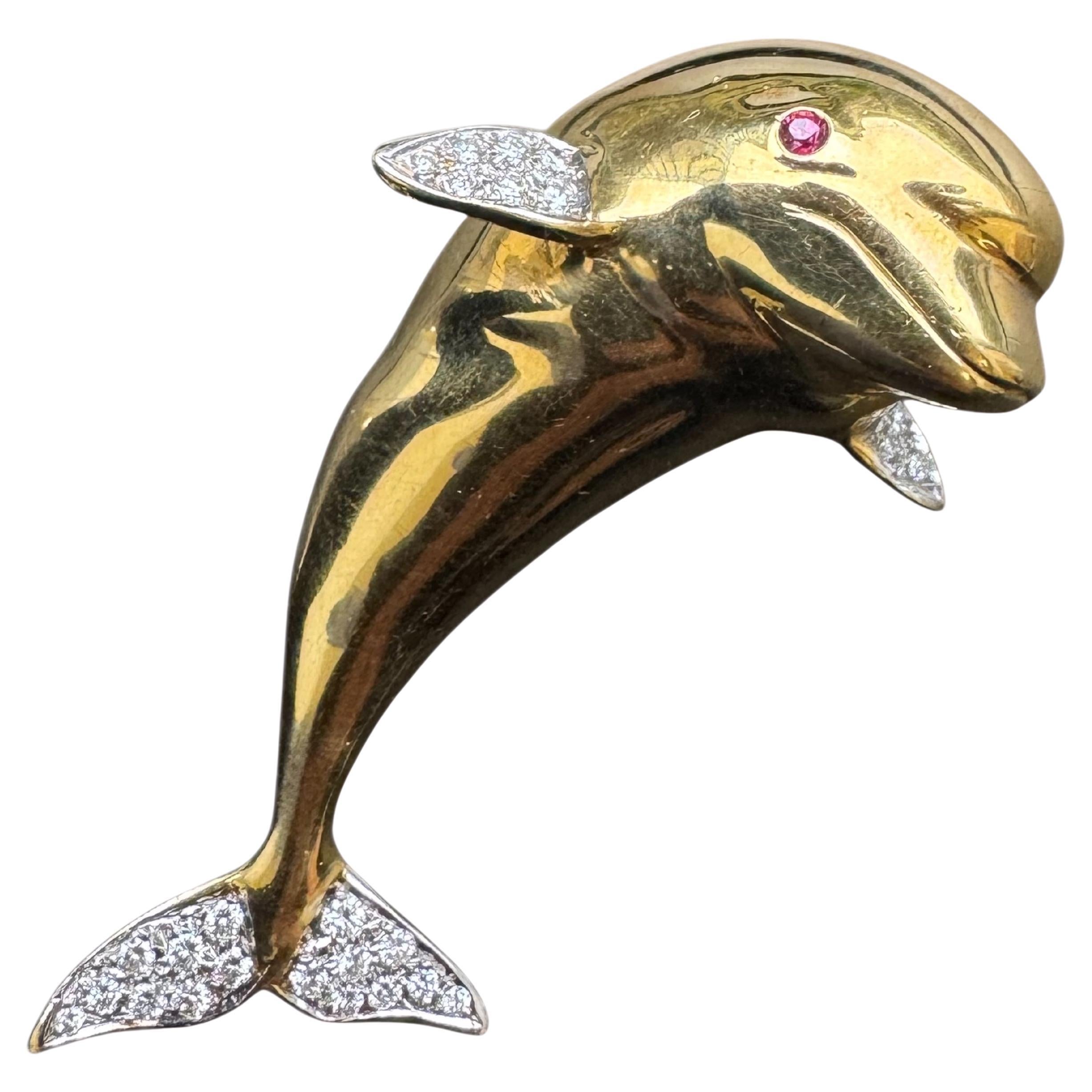 18K Yellow Gold Diamond and Ruby Dolphin Pin