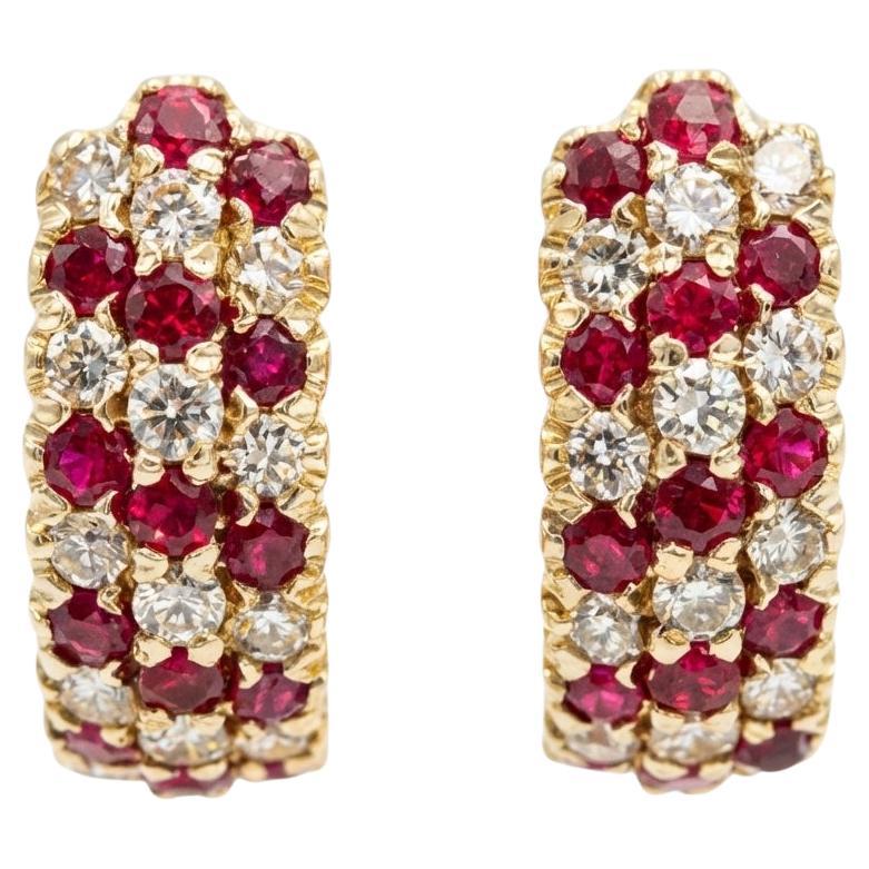 18K Yellow Gold Diamond and Ruby Estate Earrings Elegant Pavé Design