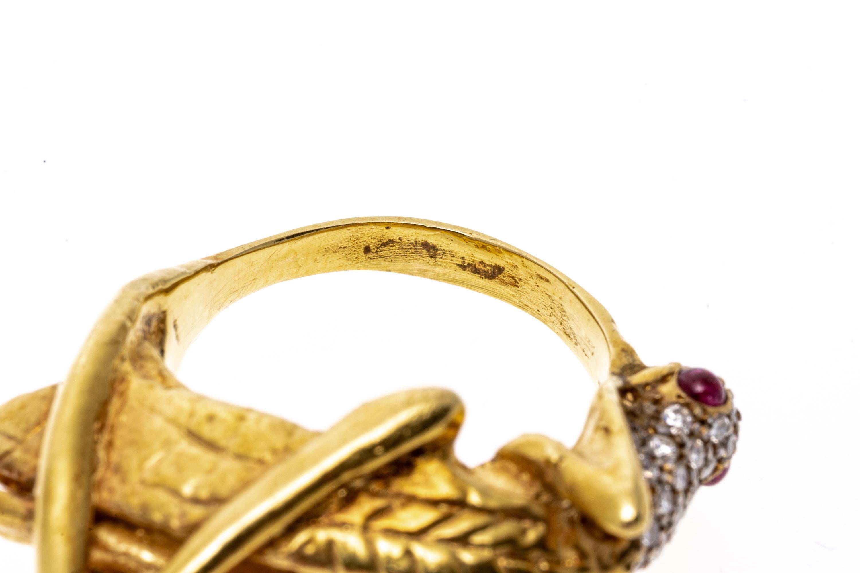 Contemporary 18k Yellow Gold Diamond and Ruby Grasshopper Ring