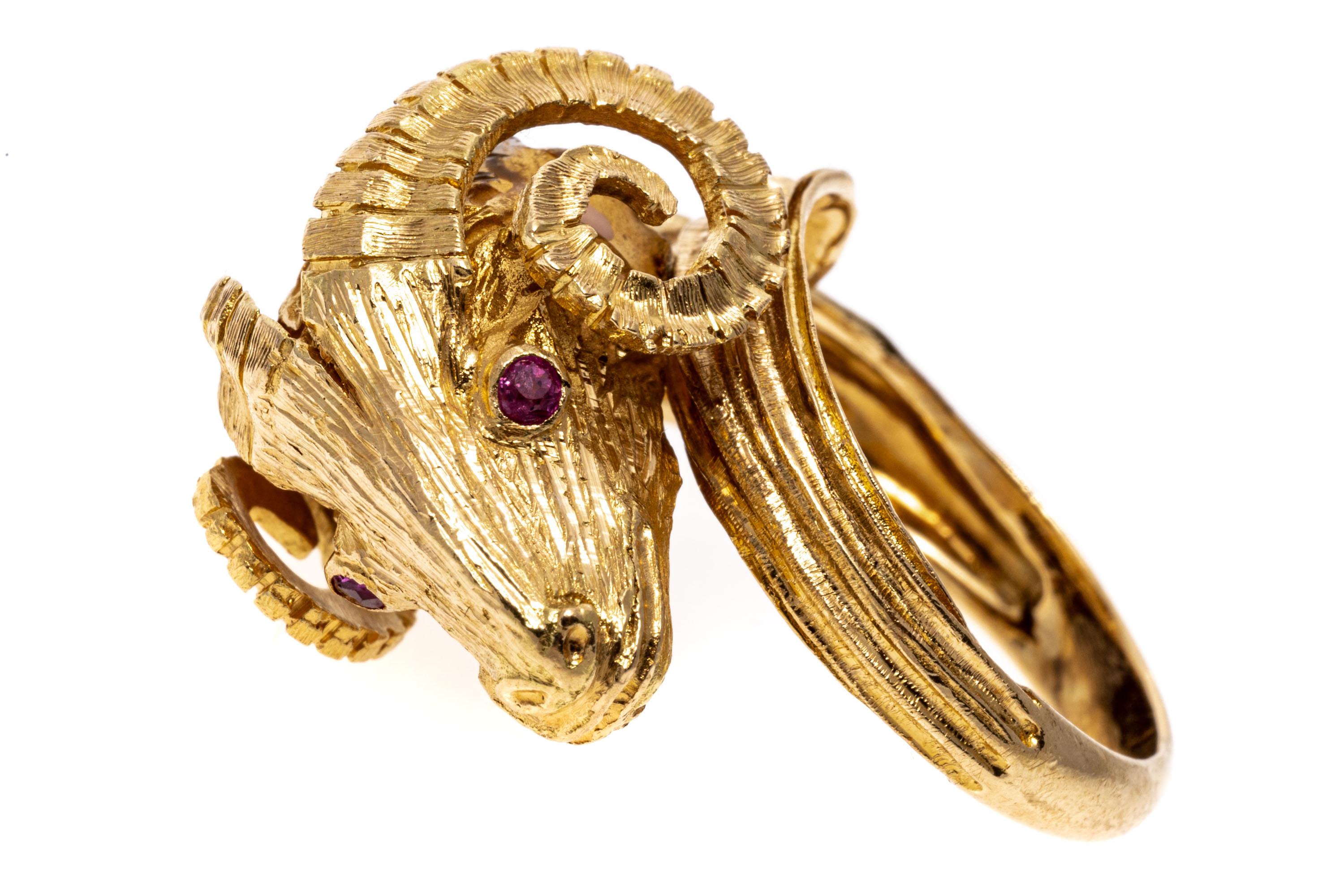 18k Yellow Gold Diamond and Ruby Greek Ram Head Ring In Good Condition For Sale In Southport, CT