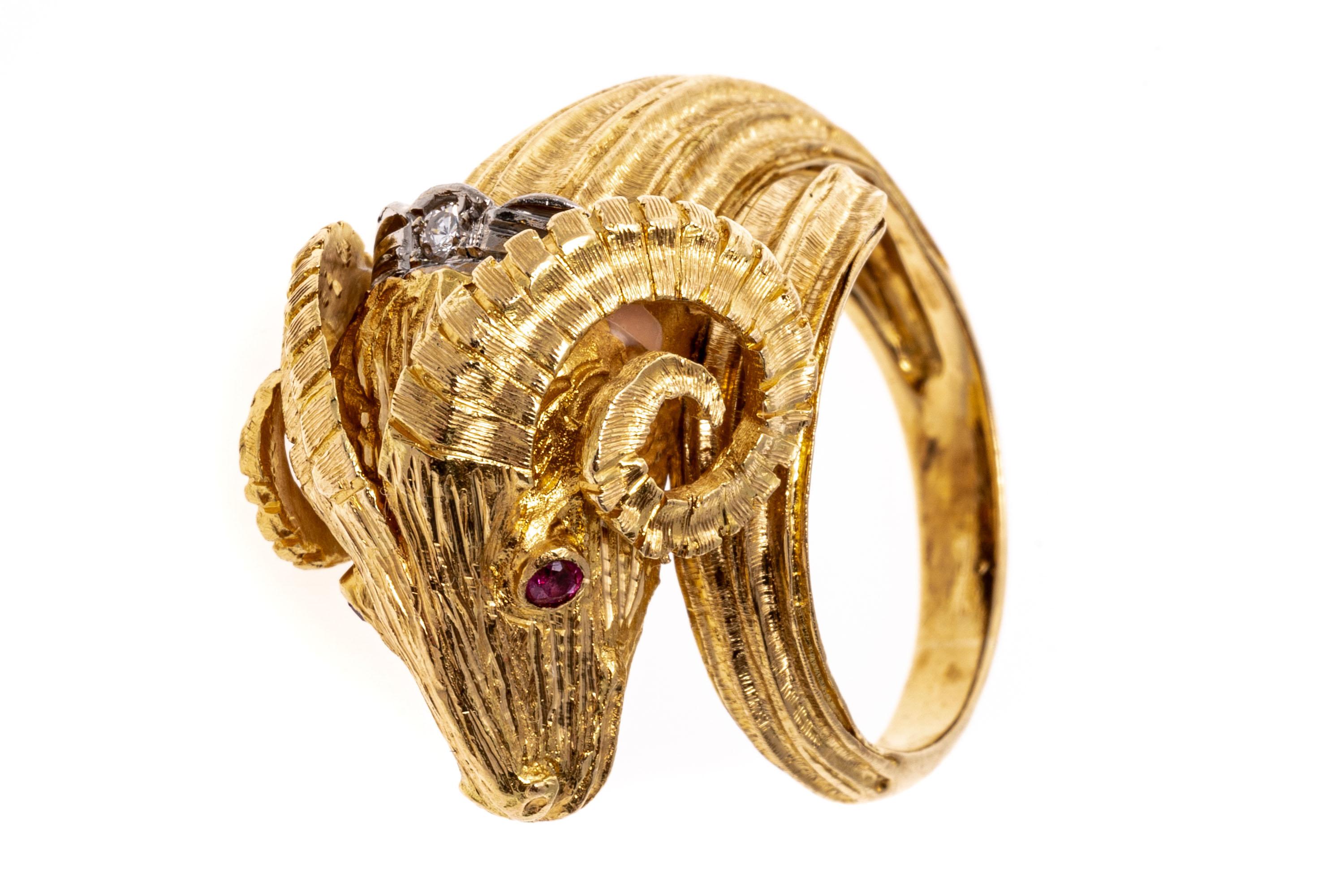 Women's 18k Yellow Gold Diamond and Ruby Greek Ram Head Ring For Sale