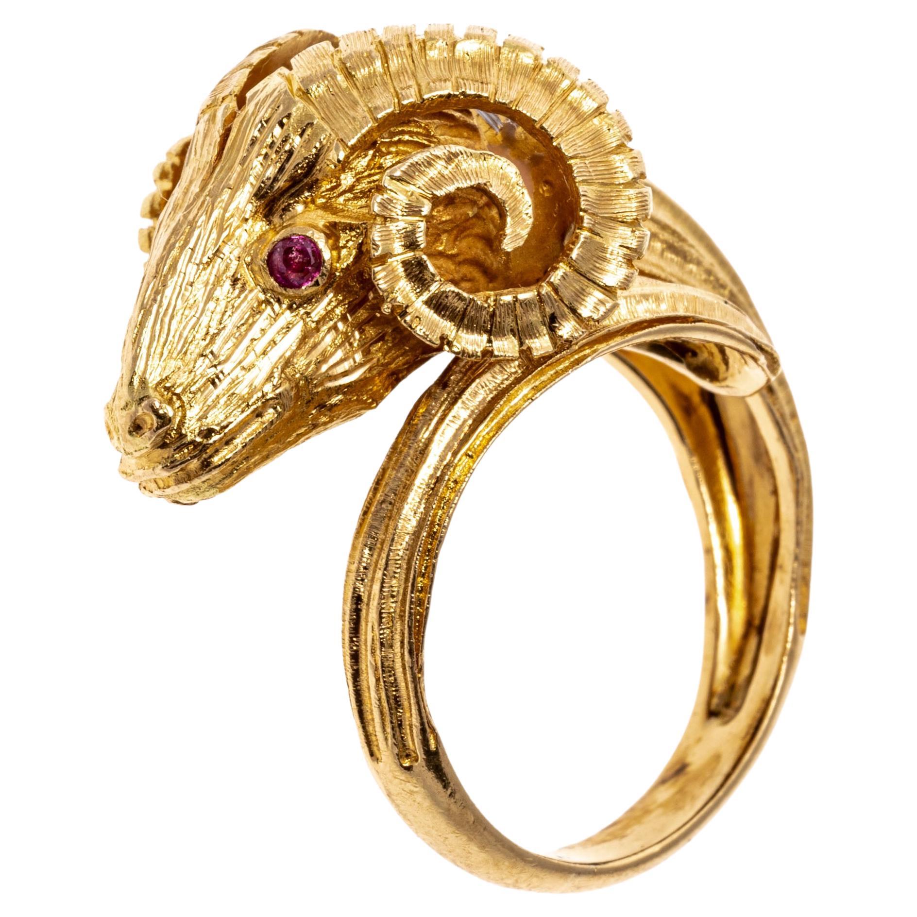 18k Yellow Gold Diamond and Ruby Greek Ram Head Ring