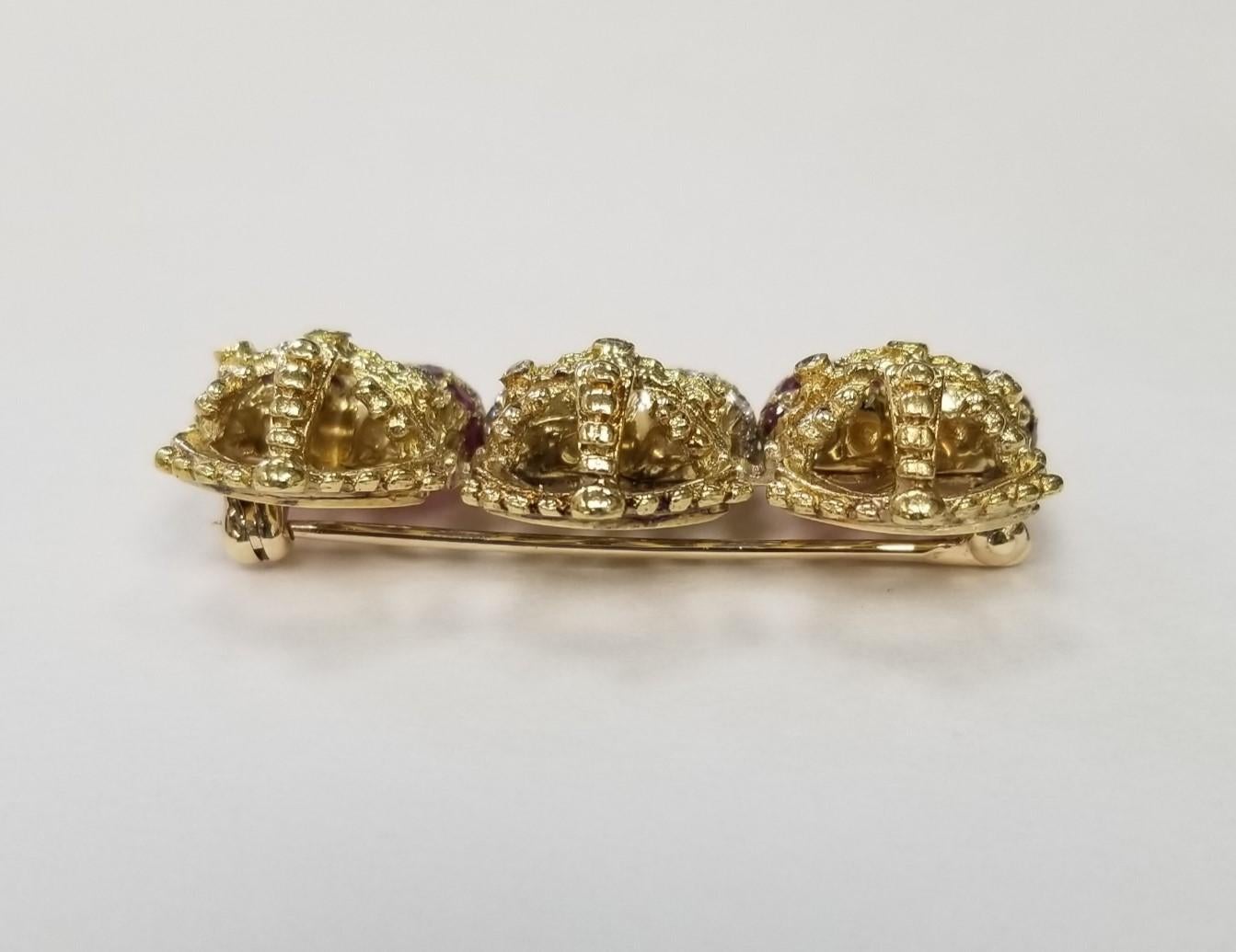 Artisan 18k Yellow Gold Diamond and Ruby Heart with crown Brooch For Sale