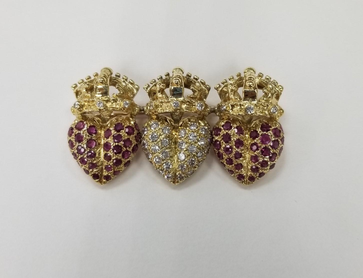 Women's or Men's 18k Yellow Gold Diamond and Ruby Heart with crown Brooch For Sale