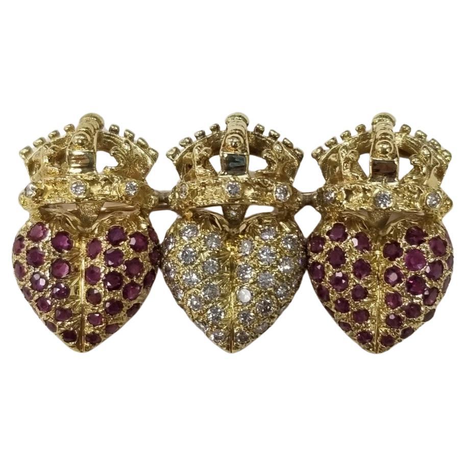 18k Yellow Gold Diamond and Ruby Heart with crown Brooch For Sale
