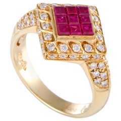 18 Karat Yellow Gold Diamond and Ruby Invisible Setting Ring