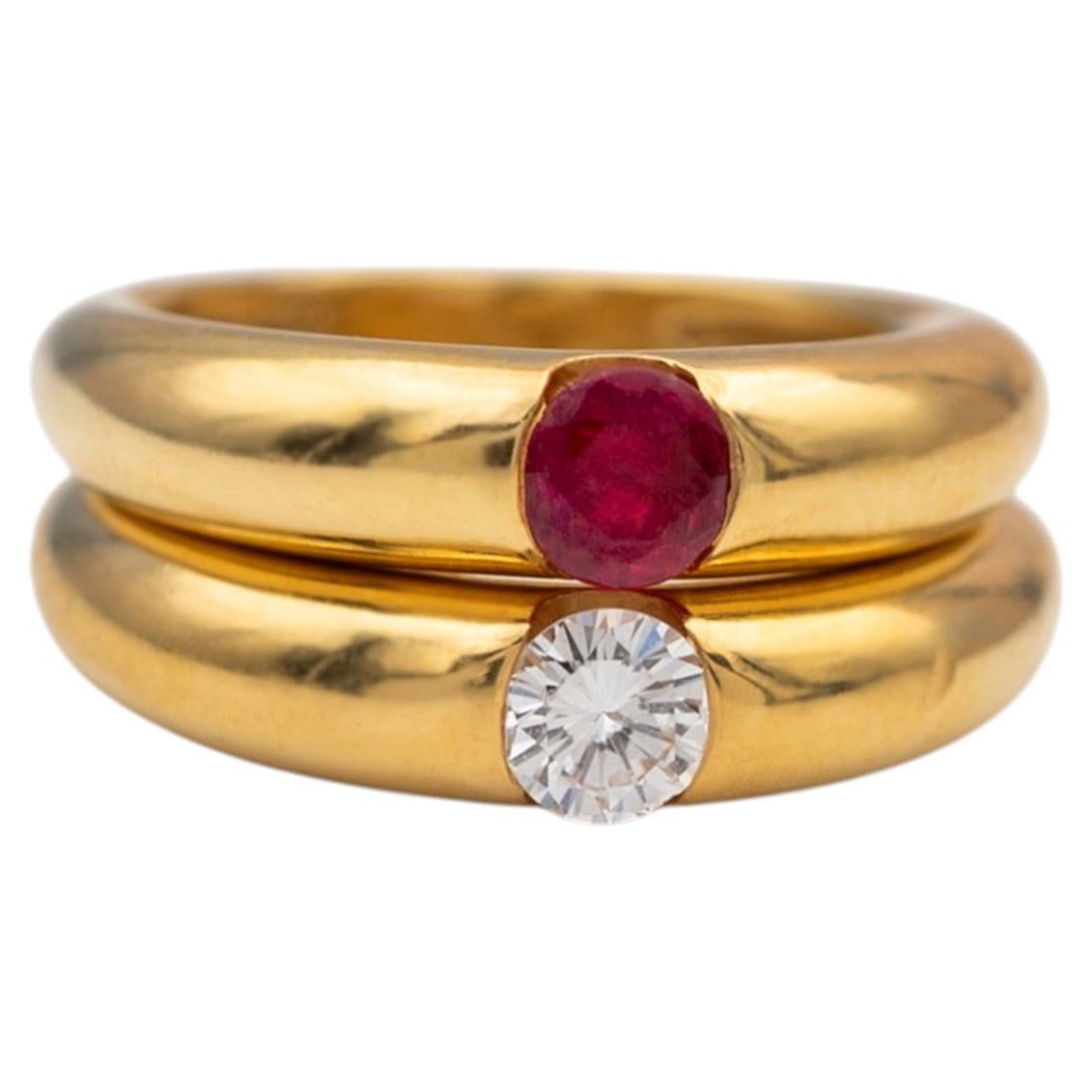18k Yellow Gold Diamond and Ruby Stackable Ring Set For Sale