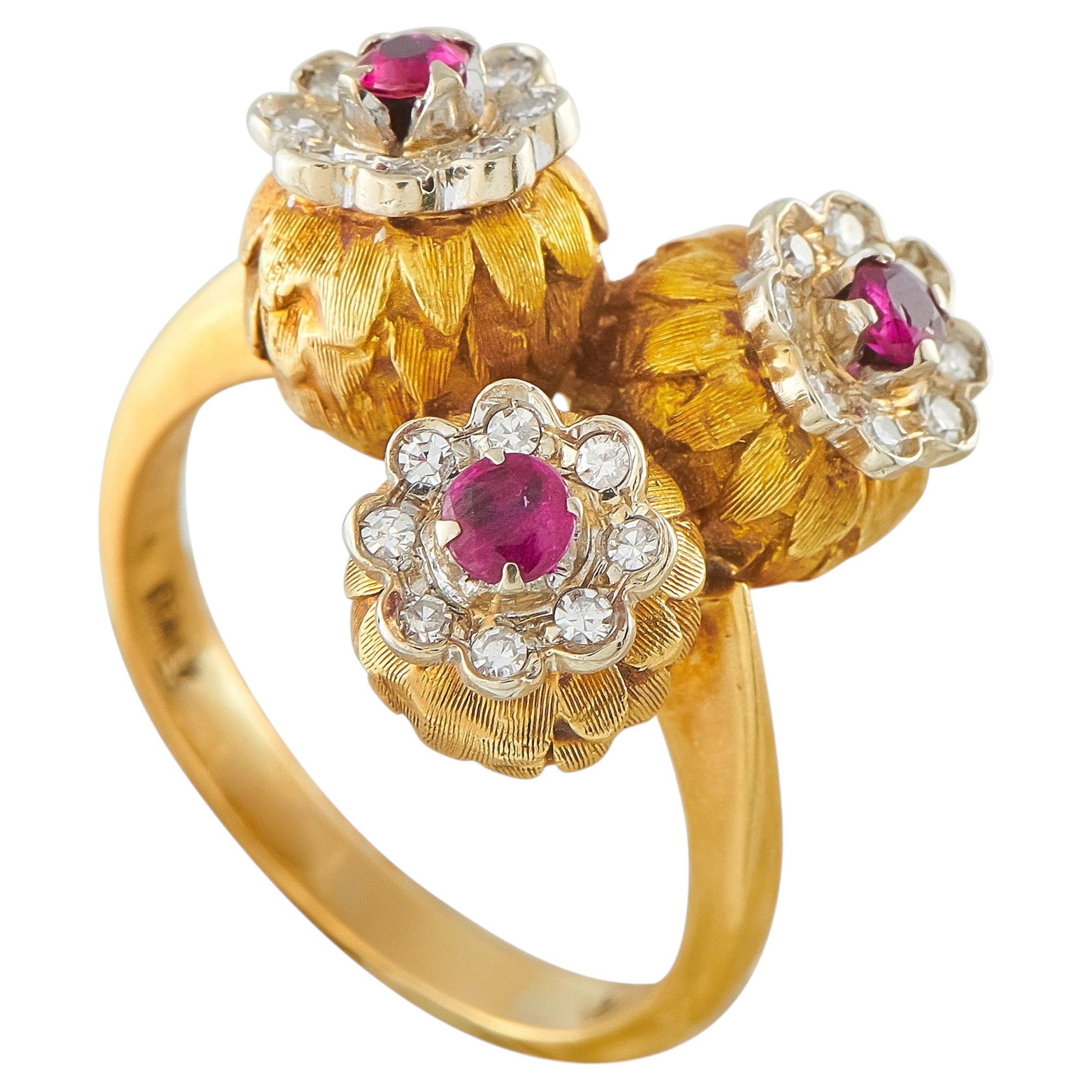 18K Yellow Gold Diamond and Ruby Triple Flower Ring MF45-062526