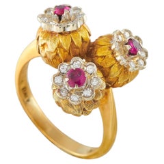 18K Yellow Gold Diamond and Ruby Triple Flower Ring MF45-062526