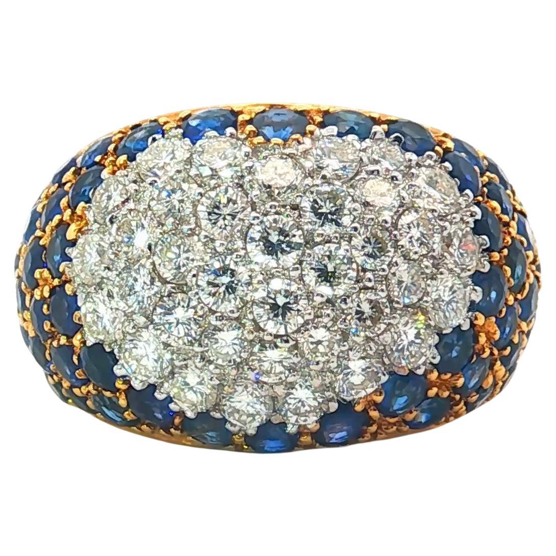 18k Yellow Gold Diamond and Sapphire Bombé Cocktail Ring, 3.50 Carats Total App.