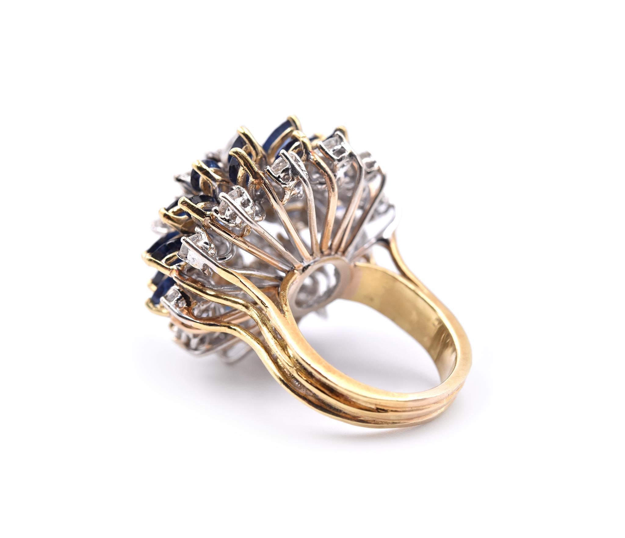 Round Cut 18 Karat Yellow Gold Diamond and Sapphire Cocktail Fashion Ring