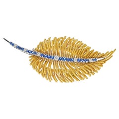 18K Yellow Gold Diamond and Sapphire Leaf Brooch