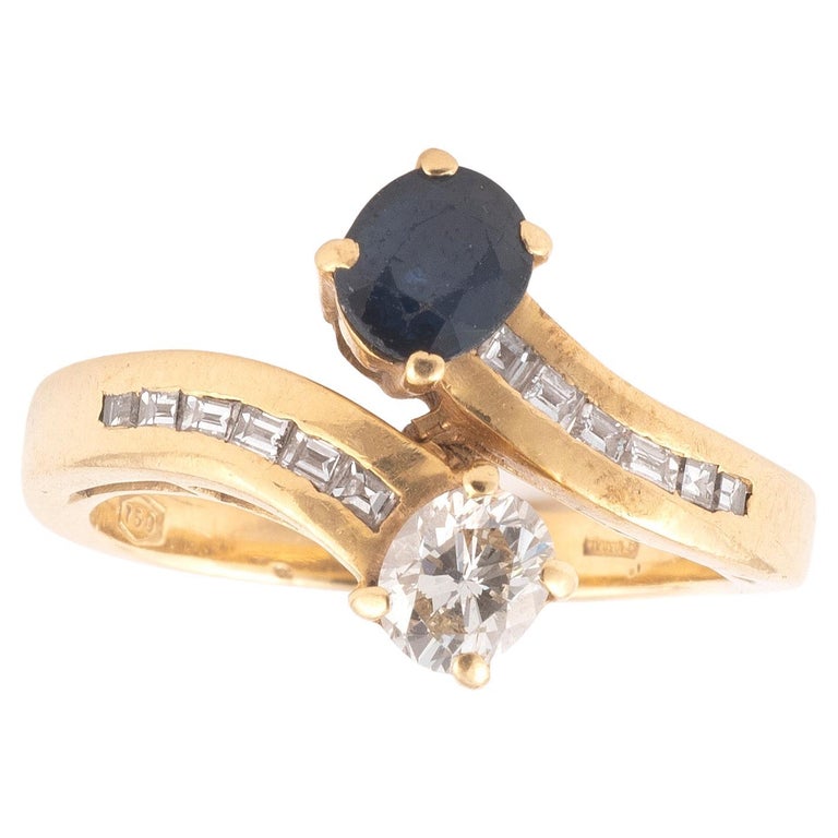 Old European Cut 18K Yellow Gold, Diamond and Sapphire Toi Et Moi Ring For Sale