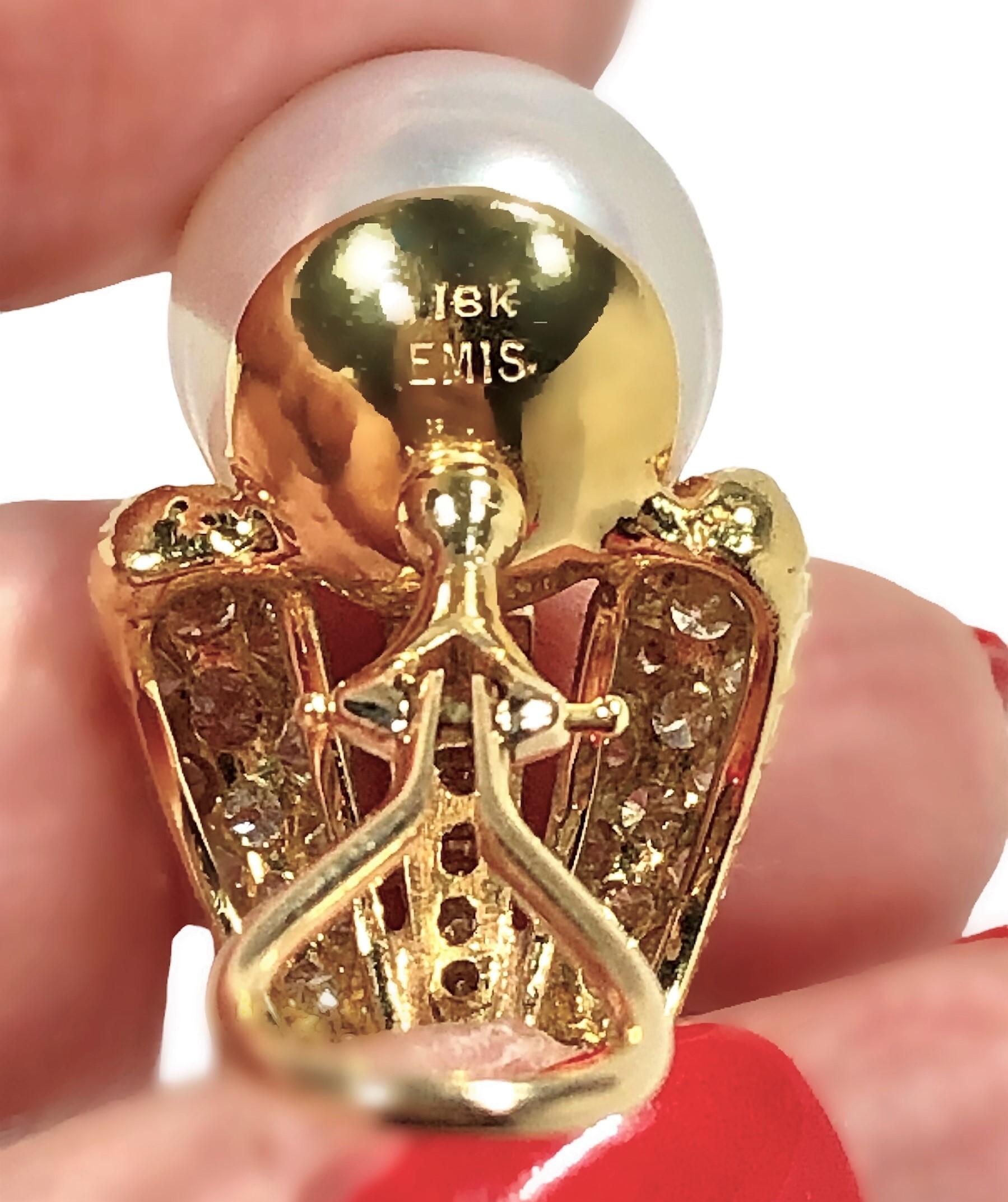 18 Karat Gelbgold, Diamant und Südseeperlen-Ohrringe von Emis Beros im Zustand „Gut“ in Palm Beach, FL