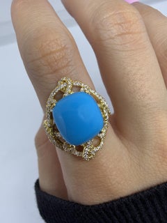 Anillo de oro amarillo de 18 quilates con diamantes y turquesa - Talla 6.5