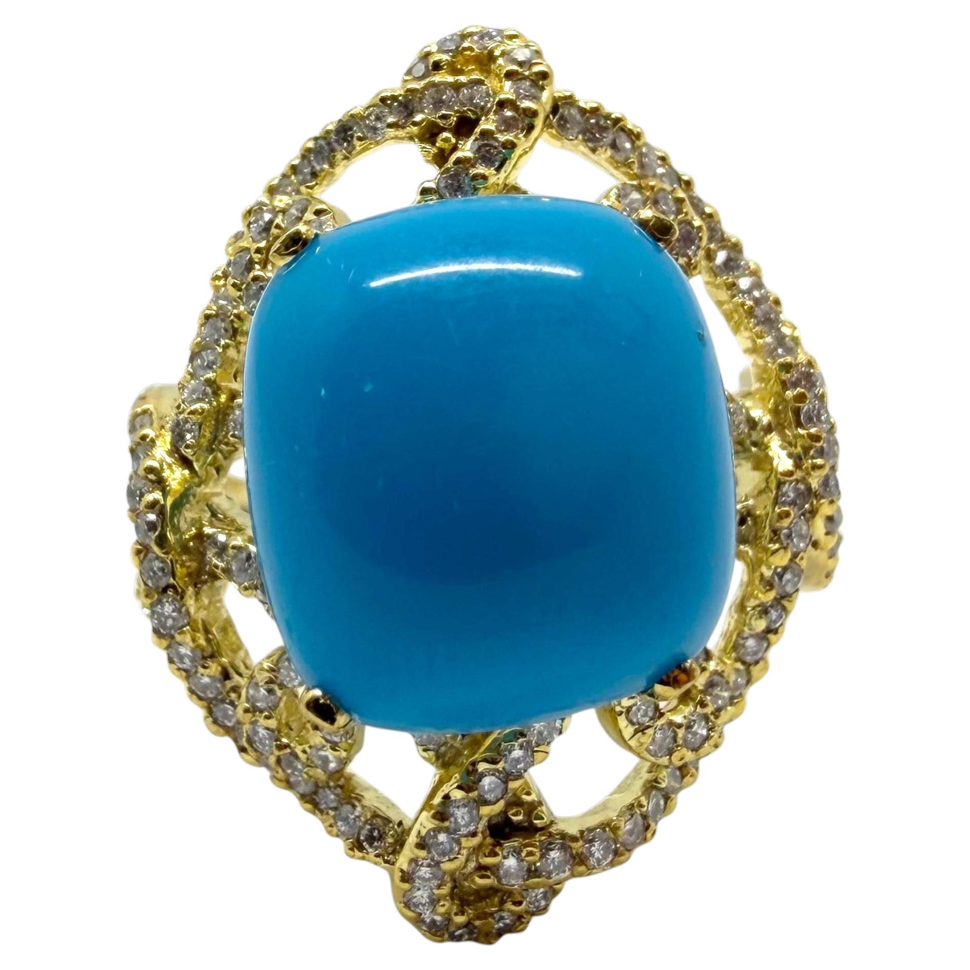 18K Yellow Gold Diamond and Turquoise Ring - Size 6.5 For Sale