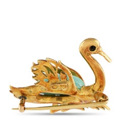 18K Yellow Gold Diamond and Turquoise Swan Brooch