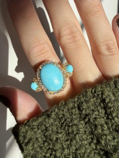 18K Yellow Gold Diamond and Turquoise Three Stone Cocktail Ring - Size 7
