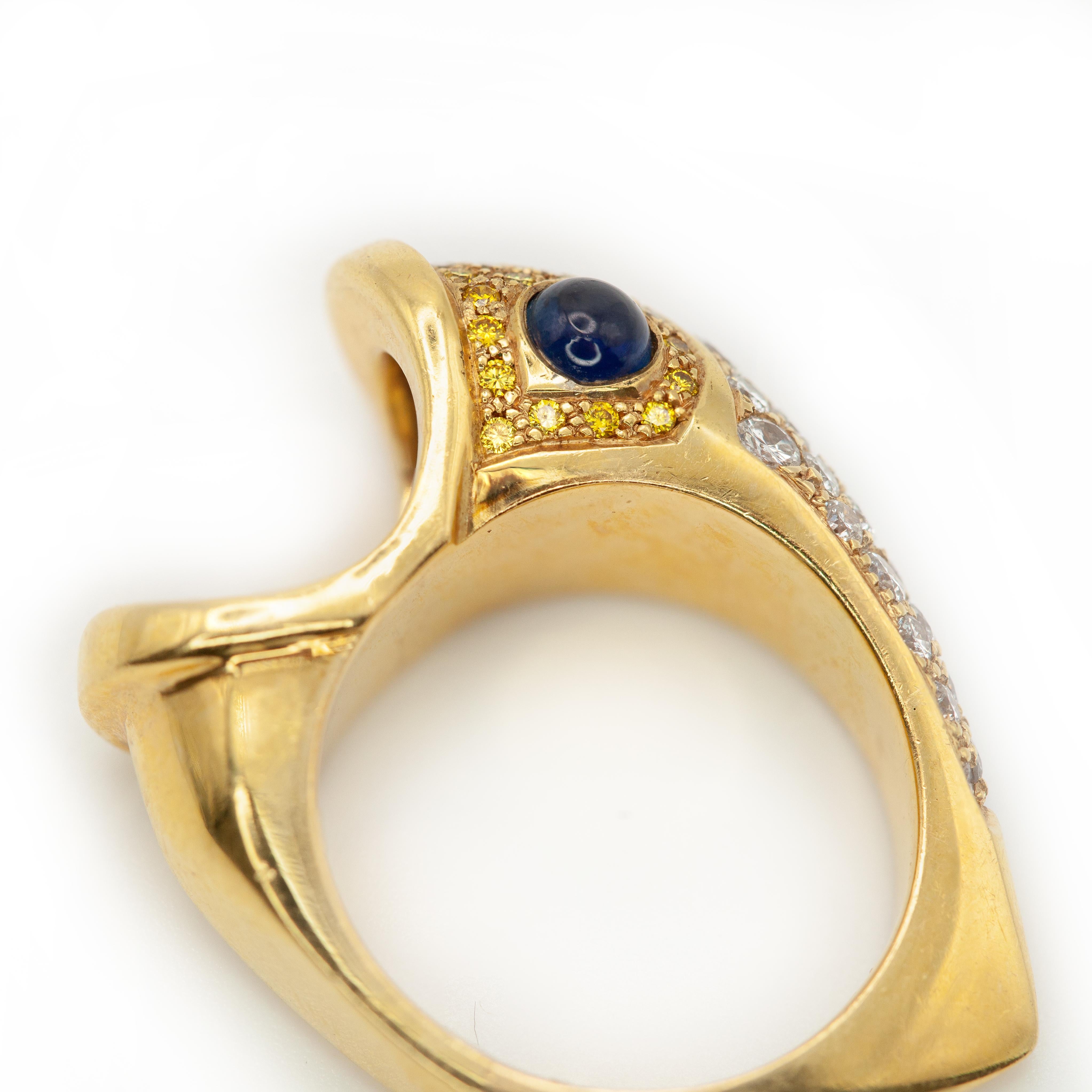 18K Gelbgold Diamant und gelber Diamant Saphir Fischmotiv Ring (Brillantschliff) im Angebot