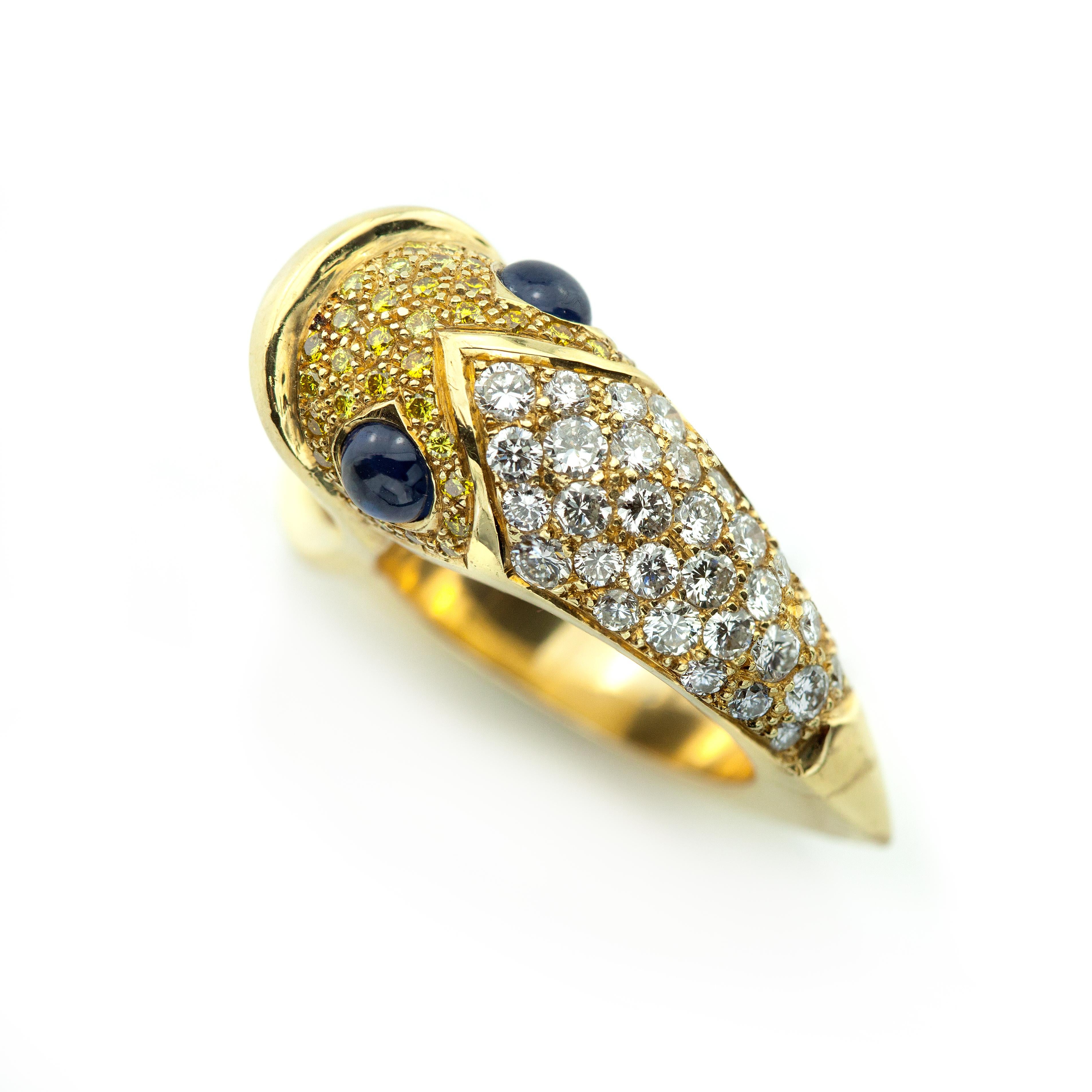 18K Gelbgold Diamant und gelber Diamant Saphir Fischmotiv Ring im Angebot 1