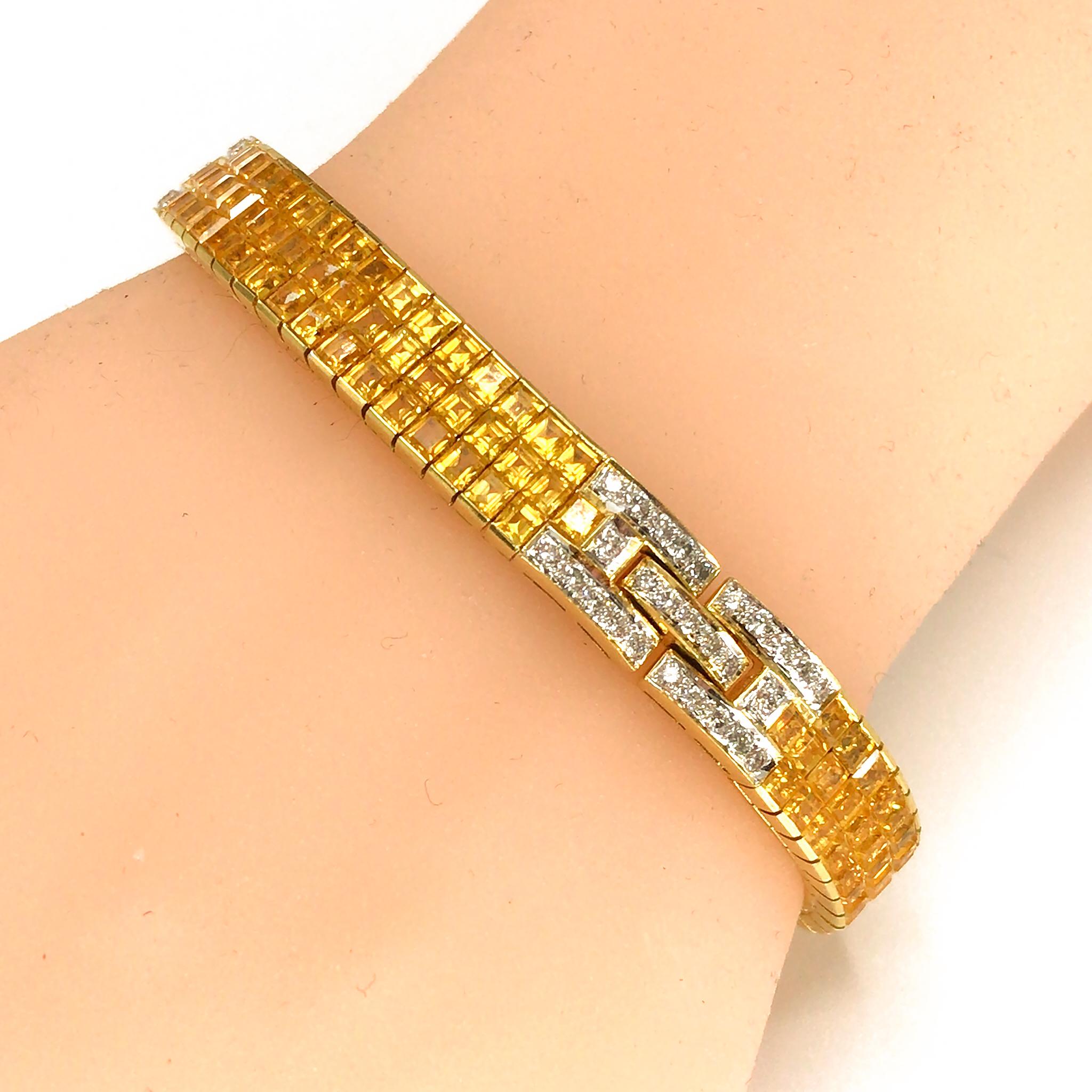 Round Cut 18k Yellow Gold Diamond and Yellow Sapphire Bracelet