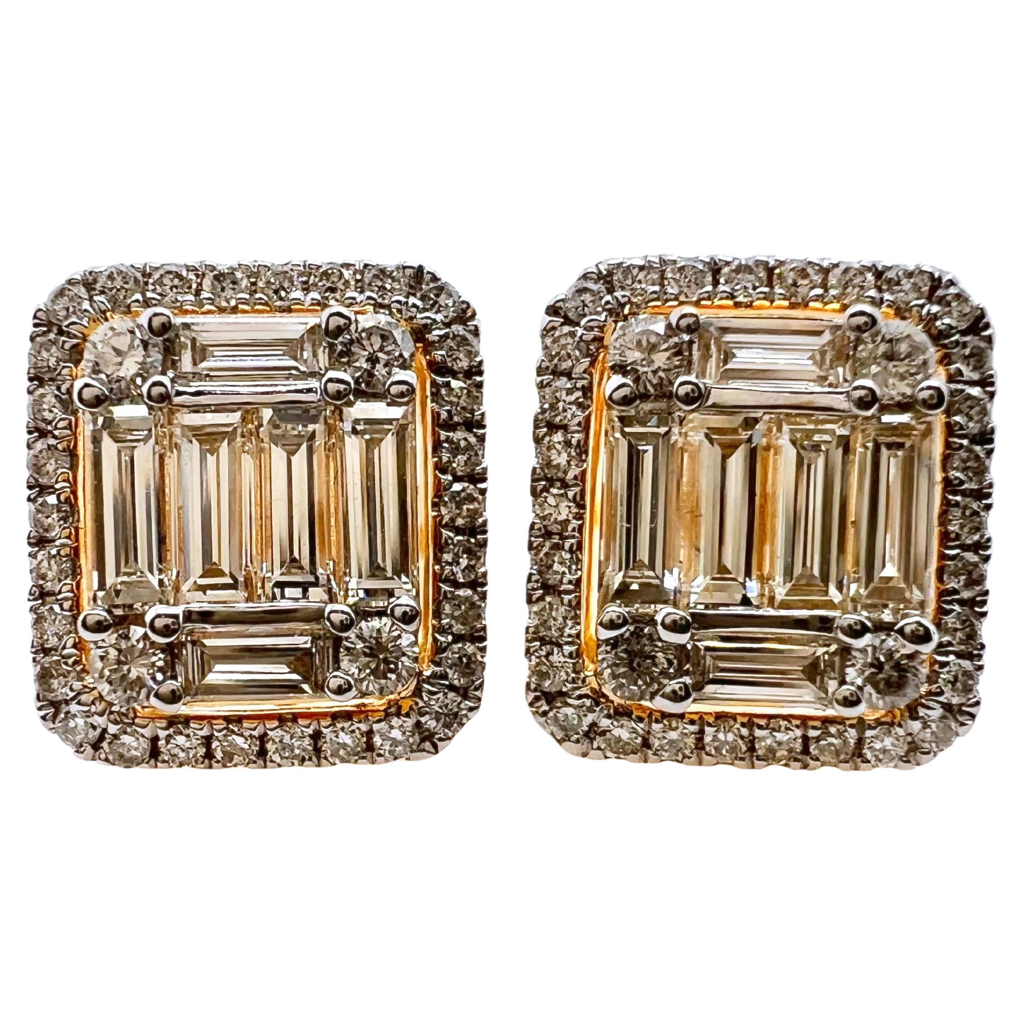 18k Yellow Gold Diamond Baguette and Round Brilliant Cut Diamonds Stud Earrings For Sale