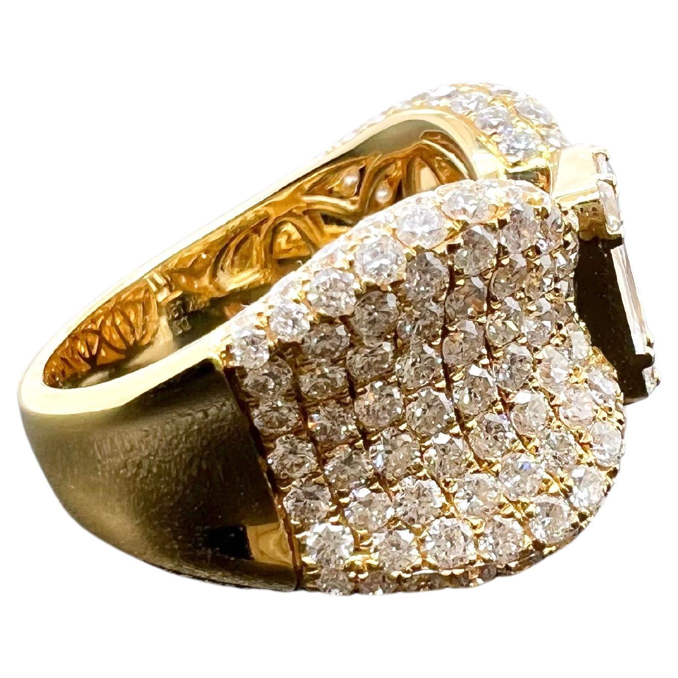 Baguette Cut 18k Yellow Gold Diamond Baguettes and Round Brilliant Cocktail Band Ring For Sale