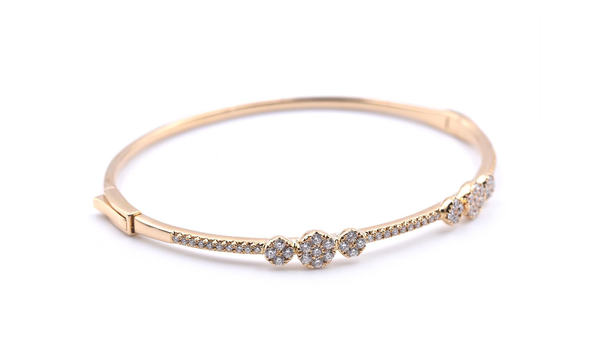 Designer: custom design
Material: 18k yellow gold
Diamonds: 60 round brilliant cut= .70cttw
Color: H
Clarity: SI1
Dimensions: bracelet will fit a size 7-inch wrist, bracelet is 2.00mm-5.63mm wide
Weight: 11.67 grams
