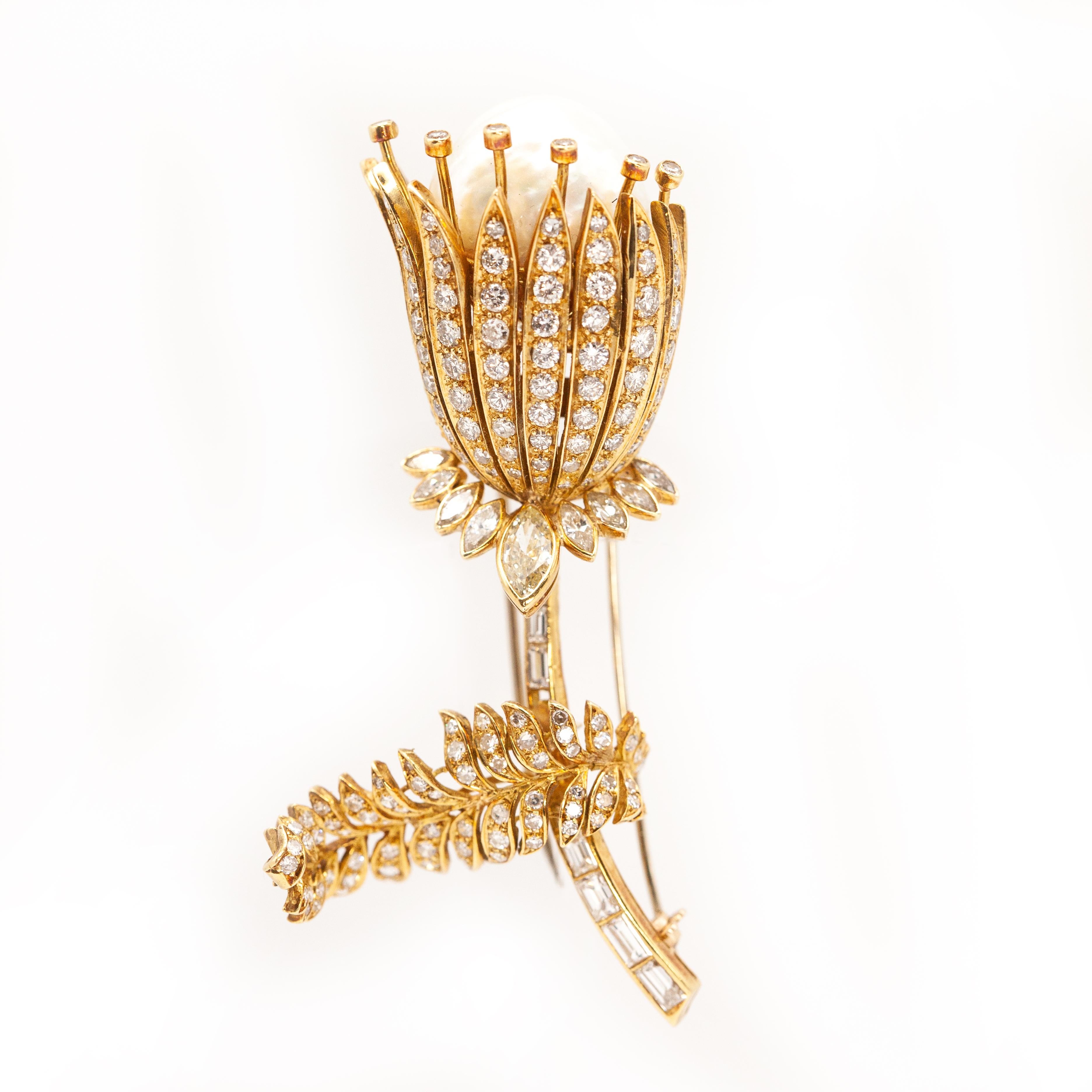 Modern 1960s 18K Yellow Gold Diamond Baroque Pearl Flower Fur Clip Brooch For Sale