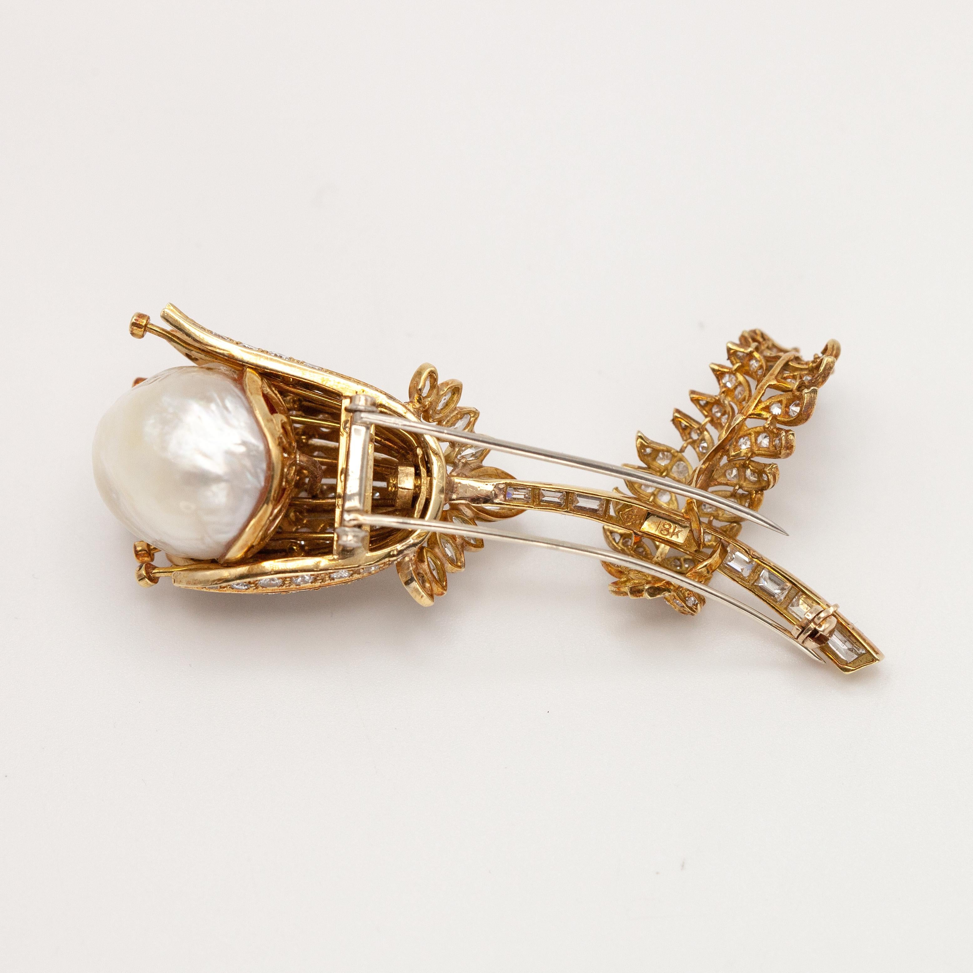 Women's or Men's 1960s 18K Yellow Gold Diamond Baroque Pearl Flower Fur Clip Brooch For Sale