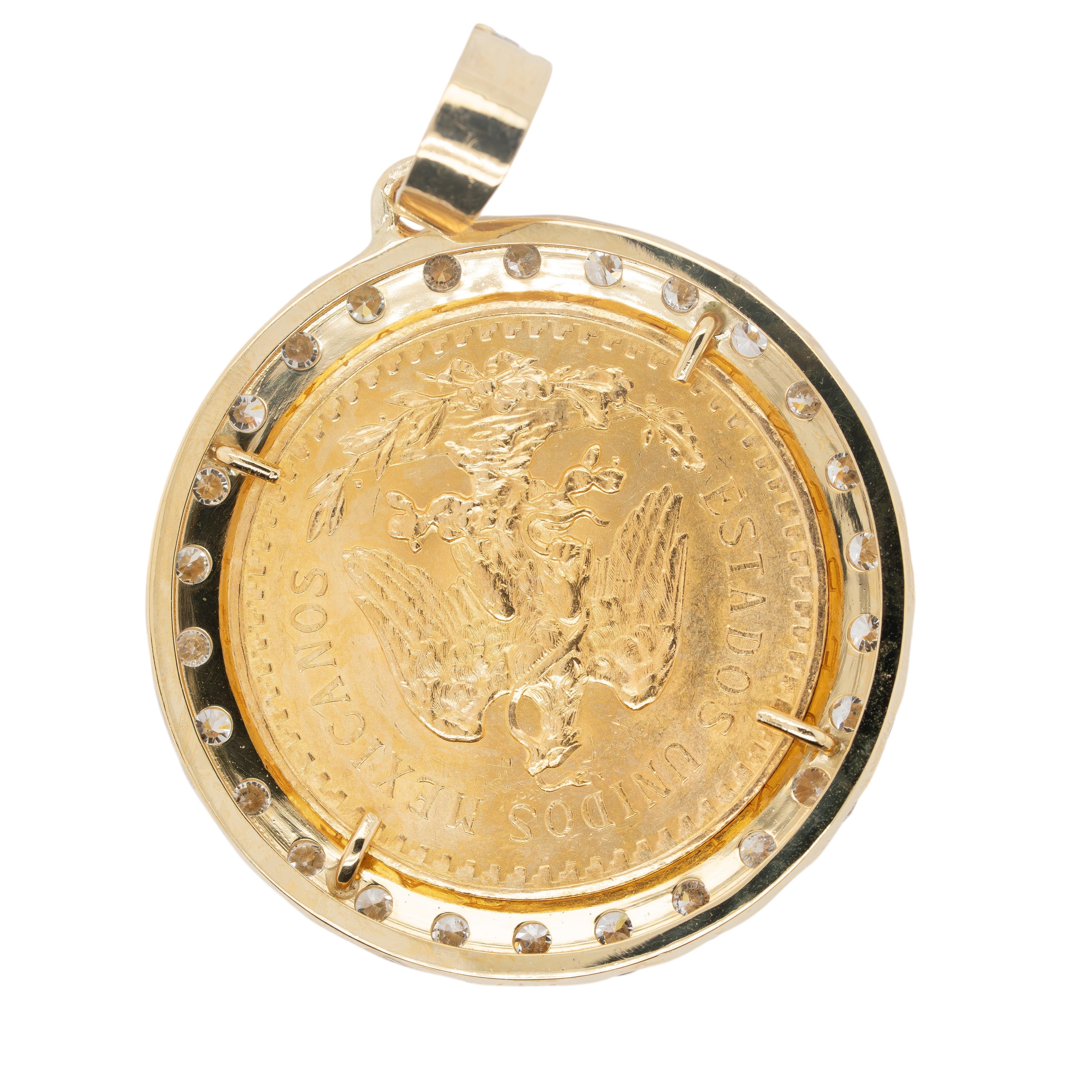 Round Cut 18k Yellow Gold Diamond Bezel Pendant with 1922 50 Peso 24k Gold Coin For Sale