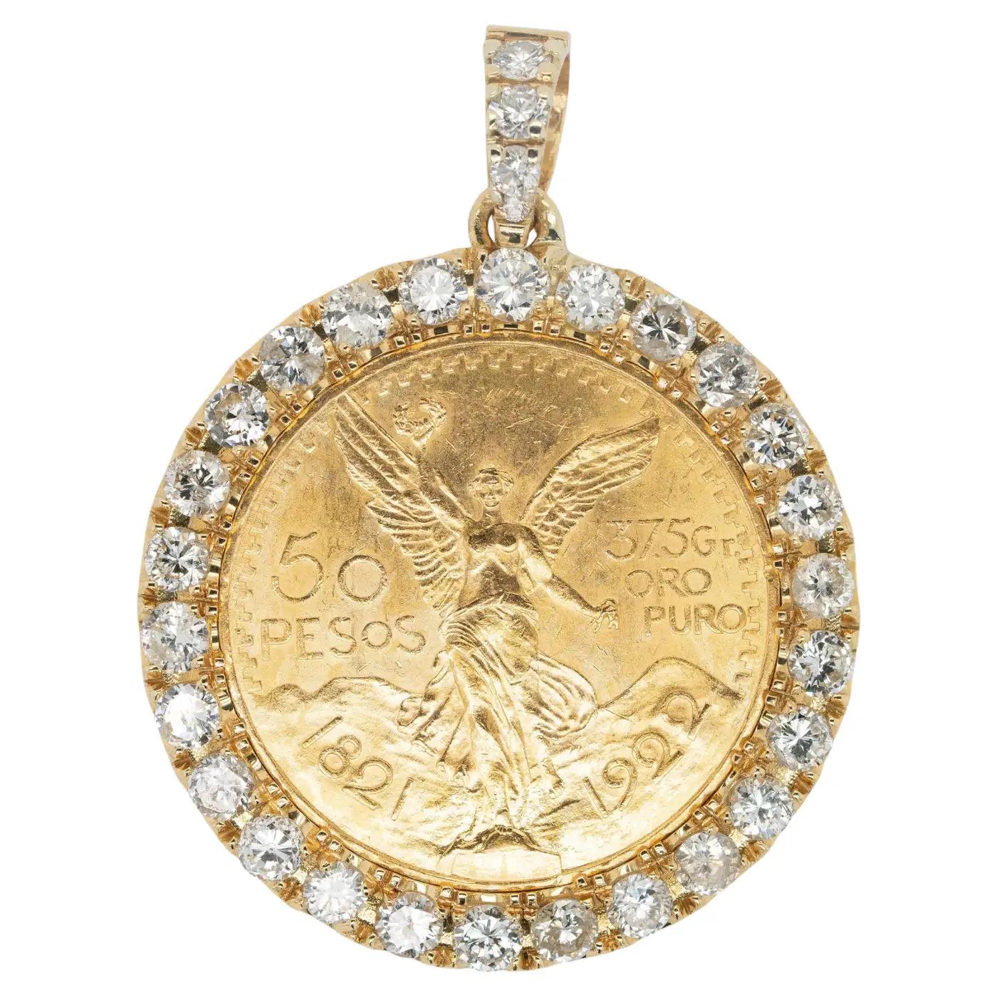 This stunning Gold Peso Coin Pendant is in excellent condition and is ready to ship!

Coin: 1922 50 Peso Mexican Gold Coin
Material: 18K Yellow Gold Bezel with 24k Gold Coin
Design: Bezel set with diamonds around the coin.
Diamond Details: The Peso
