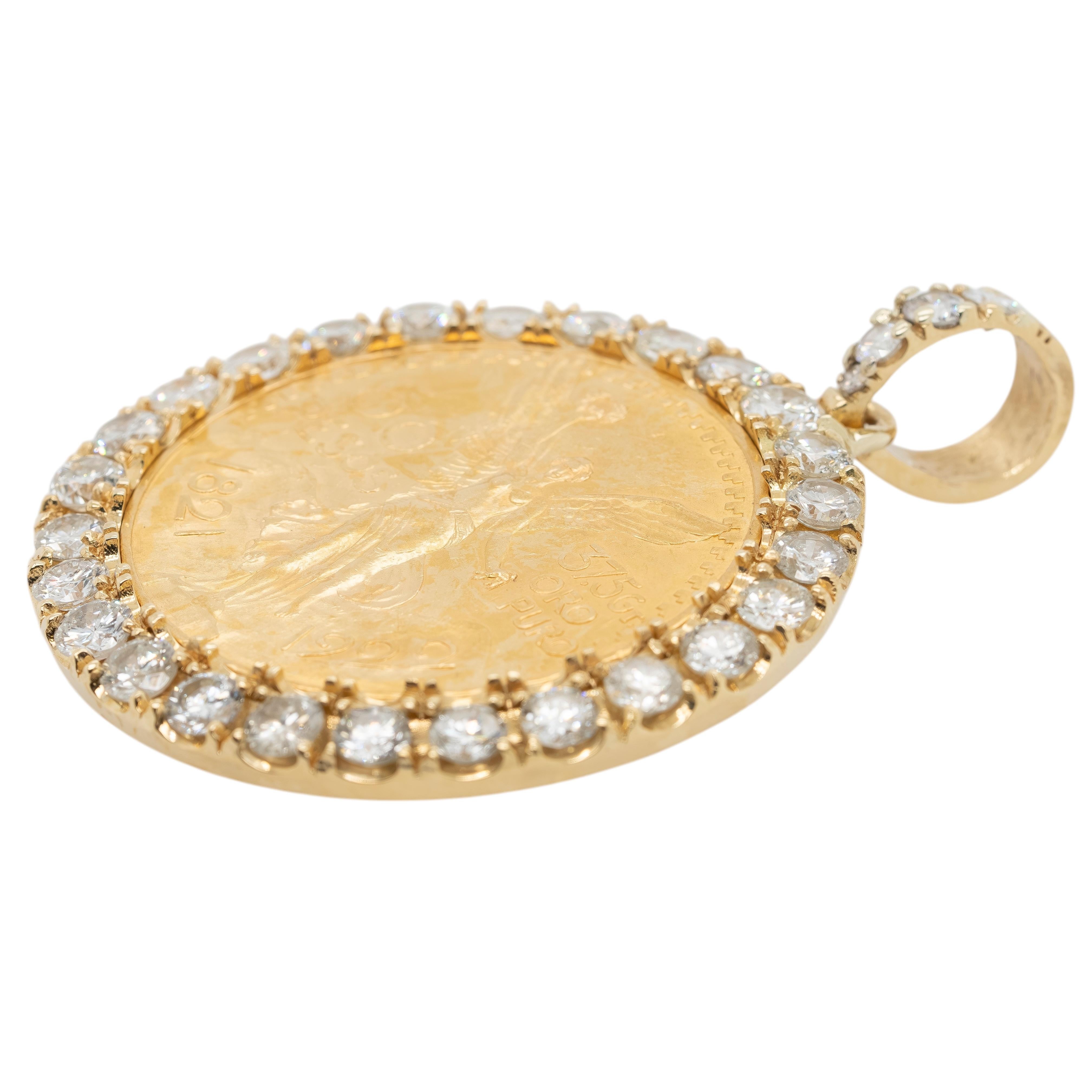 18k Yellow Gold Diamond Bezel Pendant with 1922 50 Peso 24k Gold Coin In New Condition For Sale In Boca Raton, FL