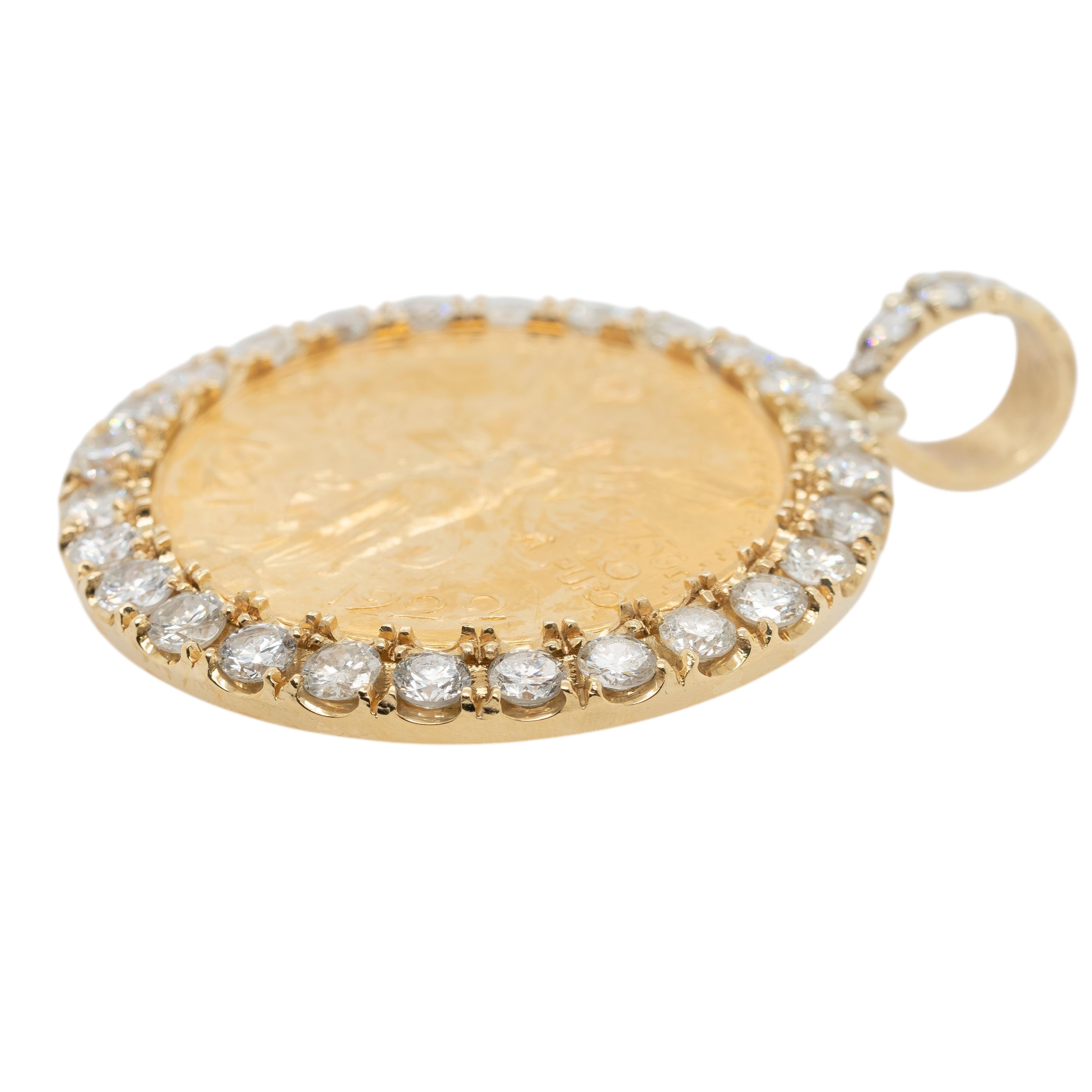 Women's or Men's 18k Yellow Gold Diamond Bezel Pendant with 1922 50 Peso 24k Gold Coin For Sale