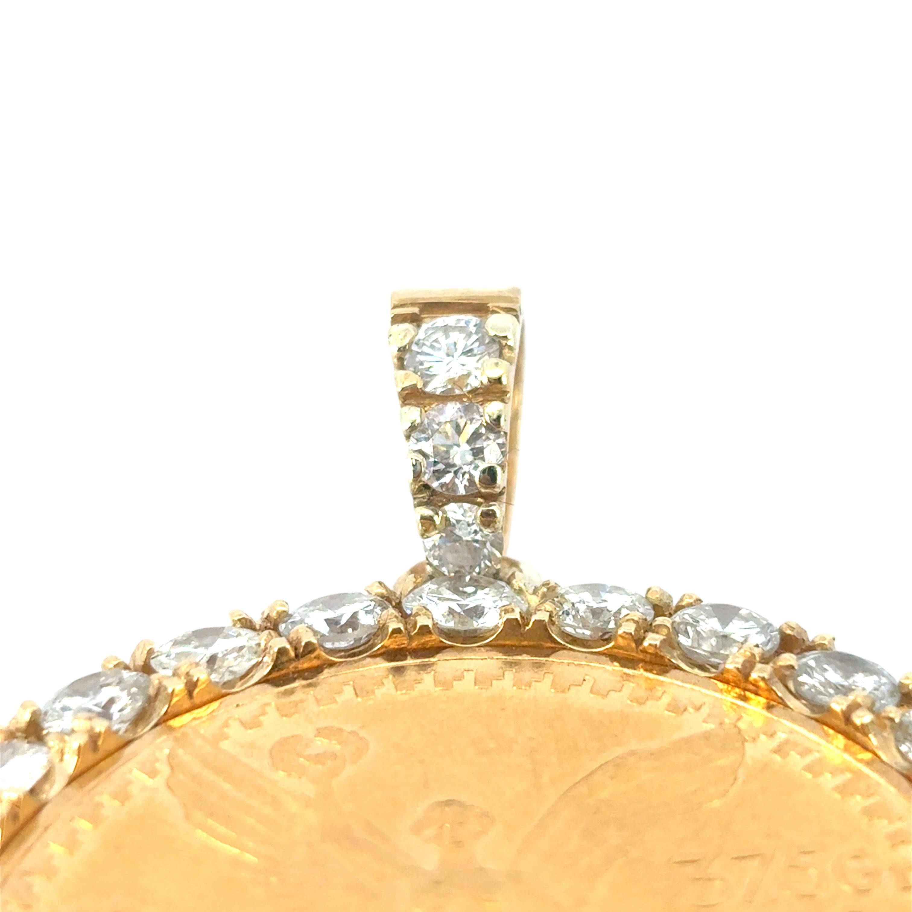 18k Yellow Gold Diamond Bezel Pendant with 1922 50 Peso 24k Gold Coin For Sale 1