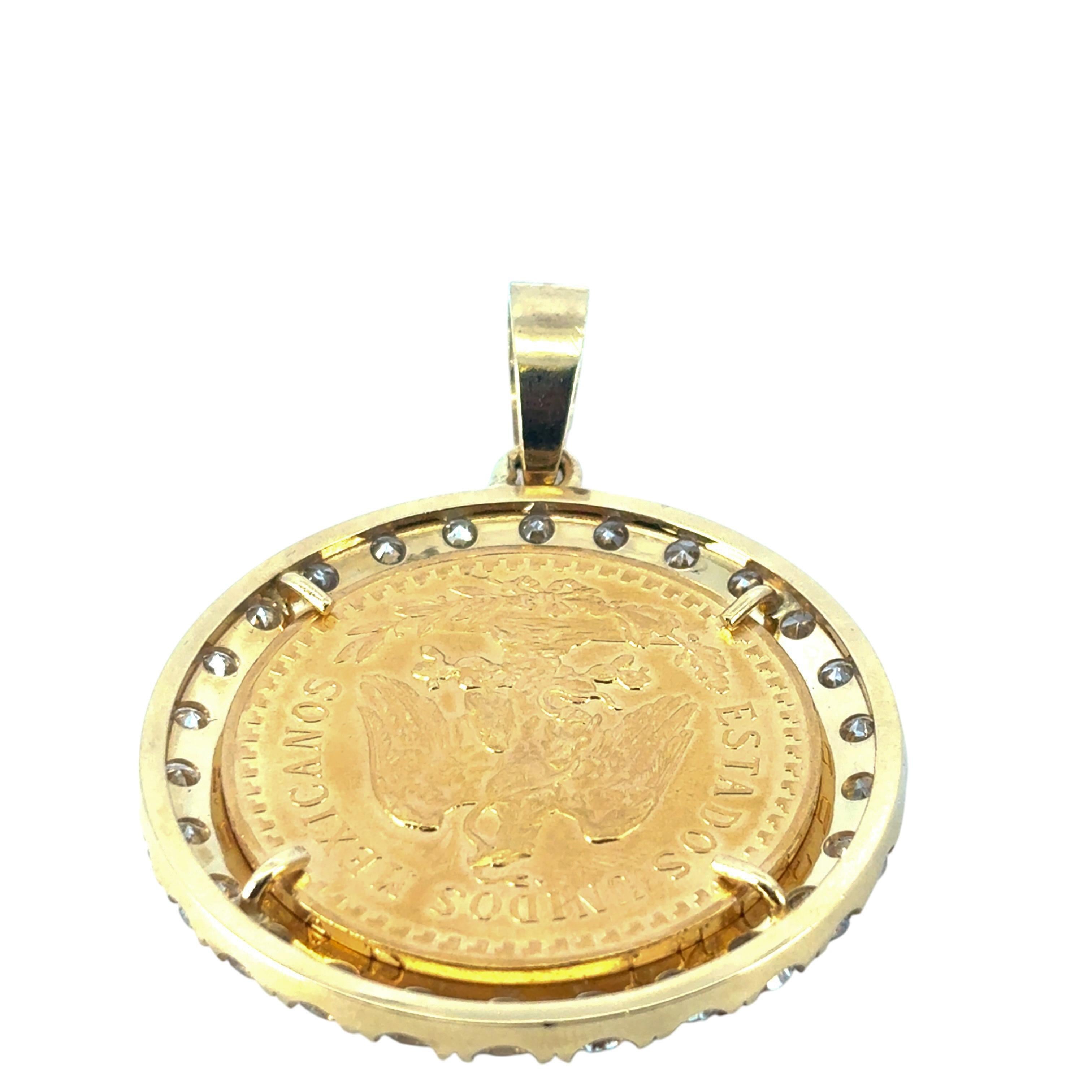 18k Yellow Gold Diamond Bezel Pendant with 1922 50 Peso 24k Gold Coin For Sale 2