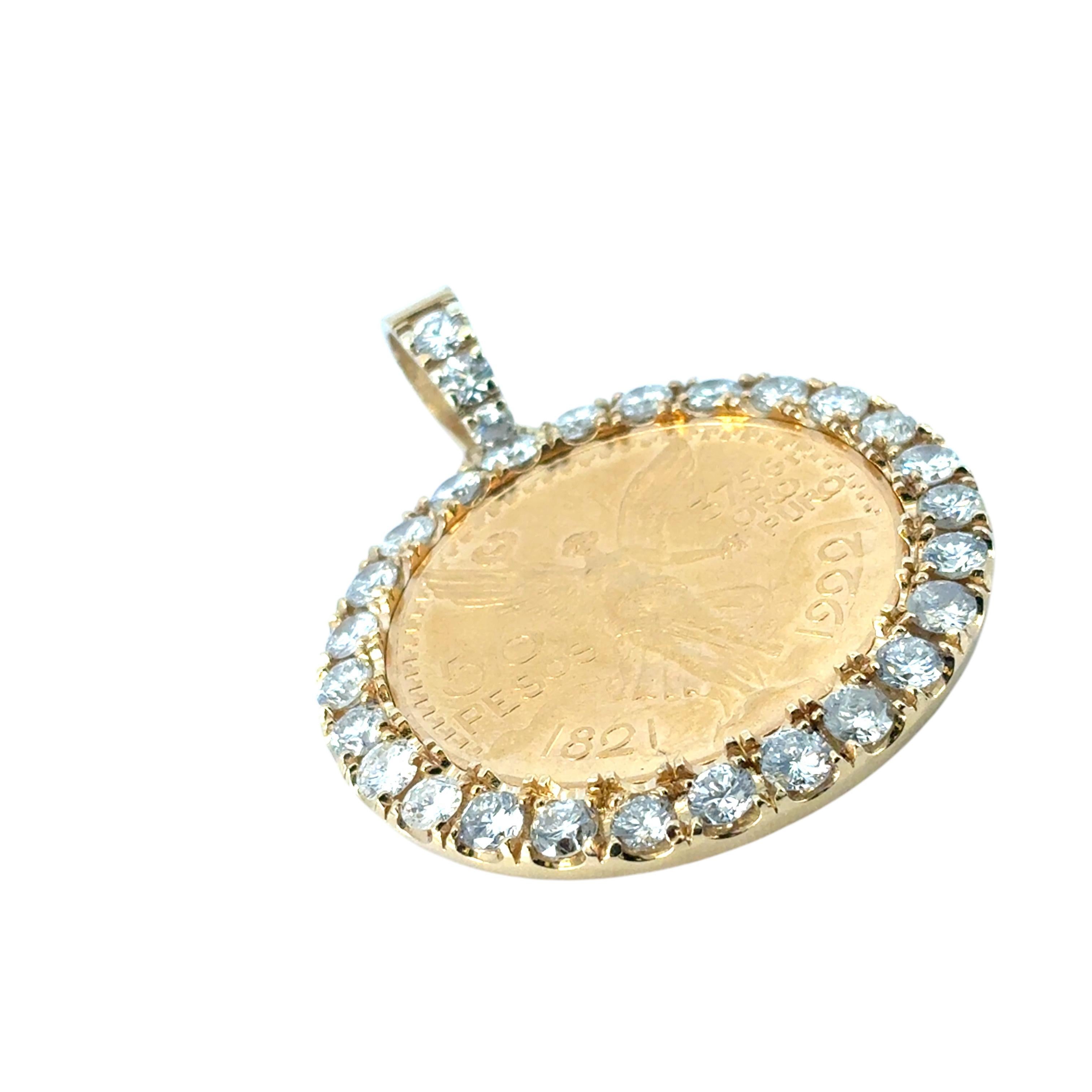 18k Yellow Gold Diamond Bezel Pendant with 1922 50 Peso 24k Gold Coin For Sale 3